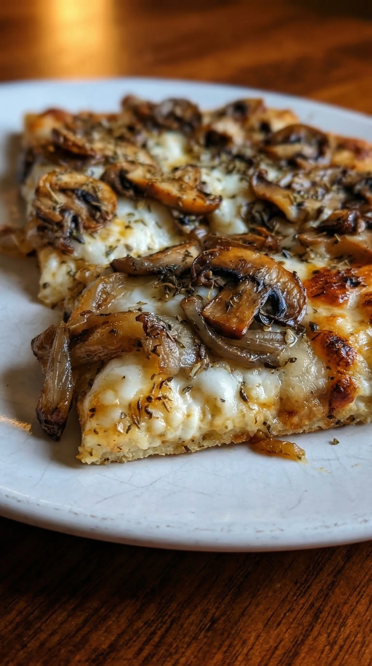 A slice of pizza with mushrooms and onions.