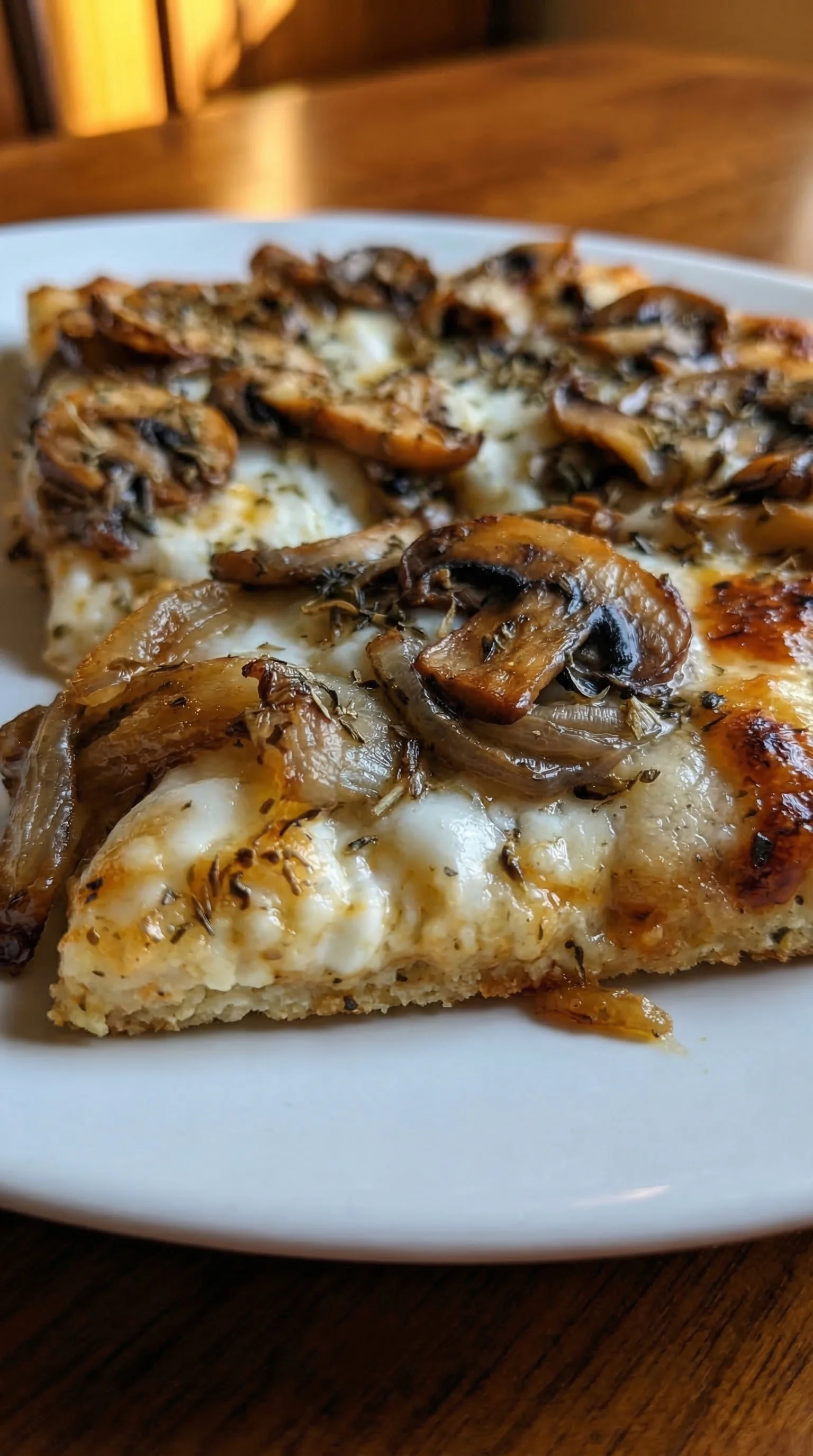 A slice of pizza with mushrooms and onions.