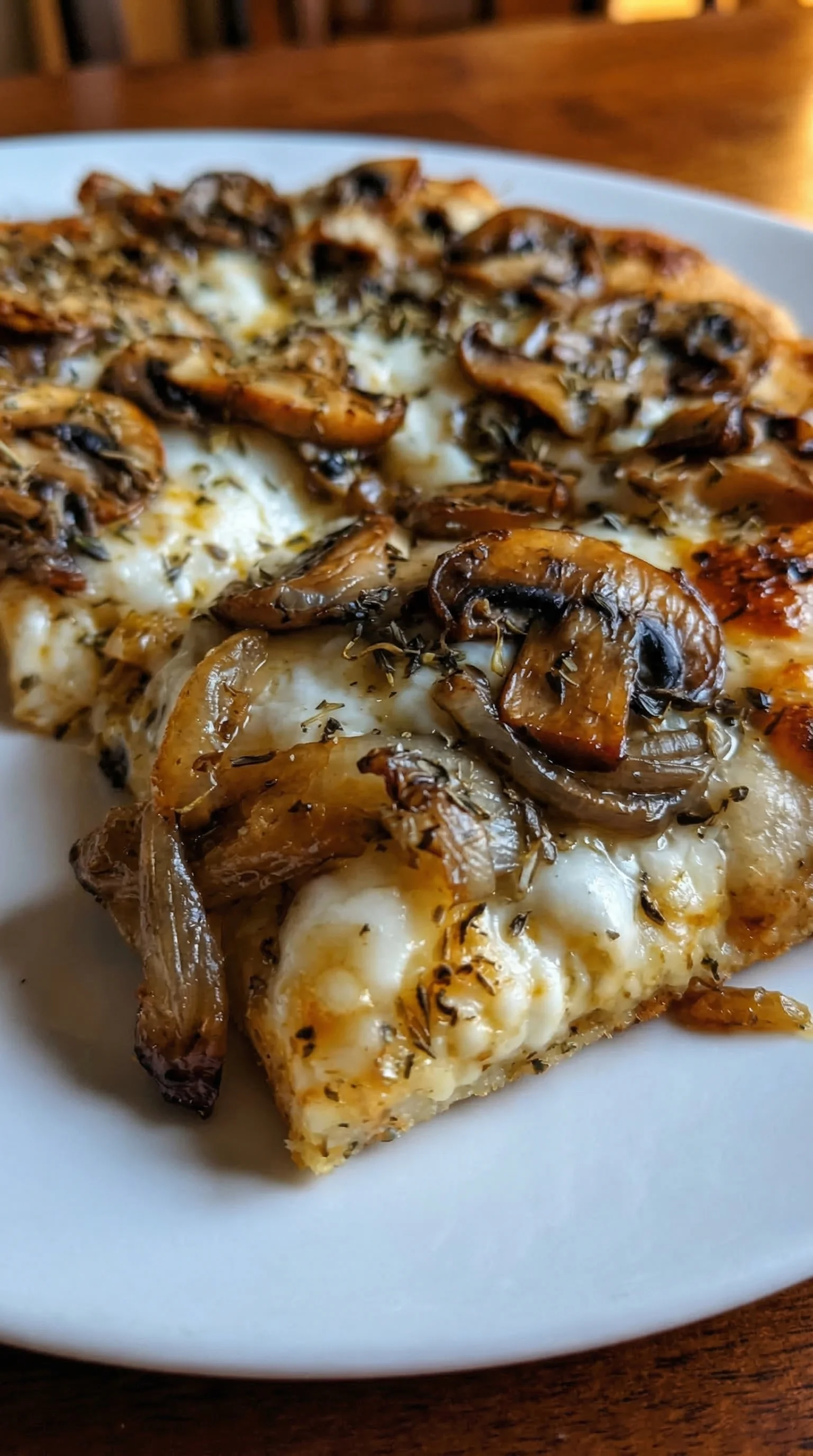 A slice of pizza with mushrooms on top.