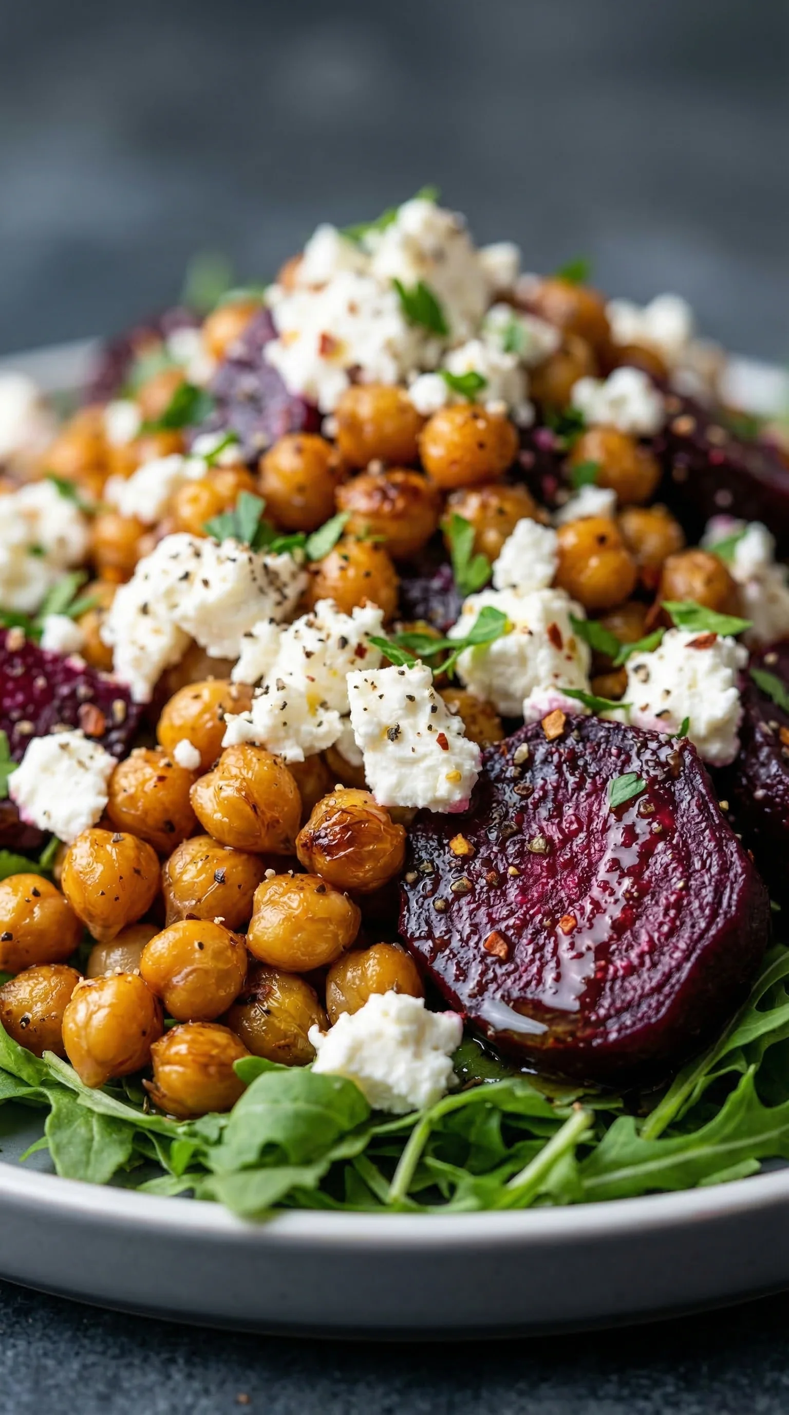 A plate of food with feta cheese, chickpeas, and red beets.