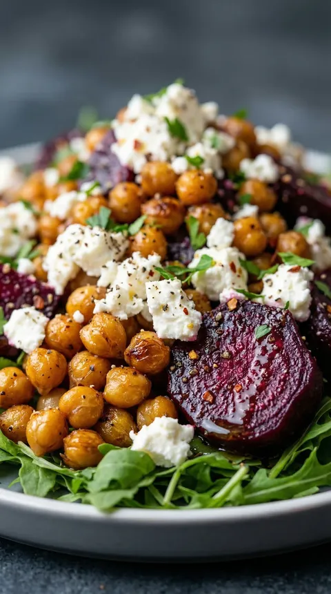 A plate of food with feta cheese, chickpeas, and red beets.