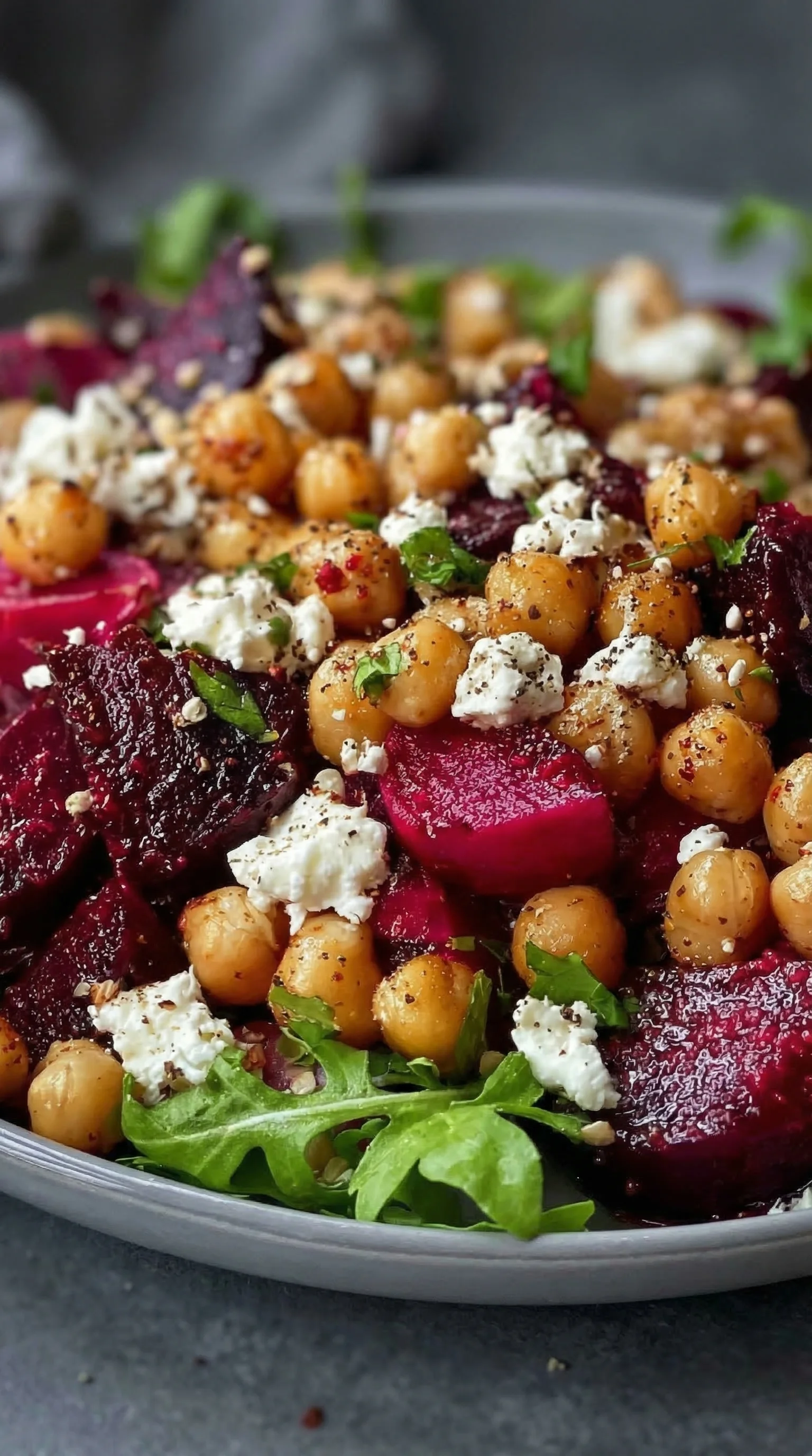 A plate of food with chickpeas, beets, and greens.