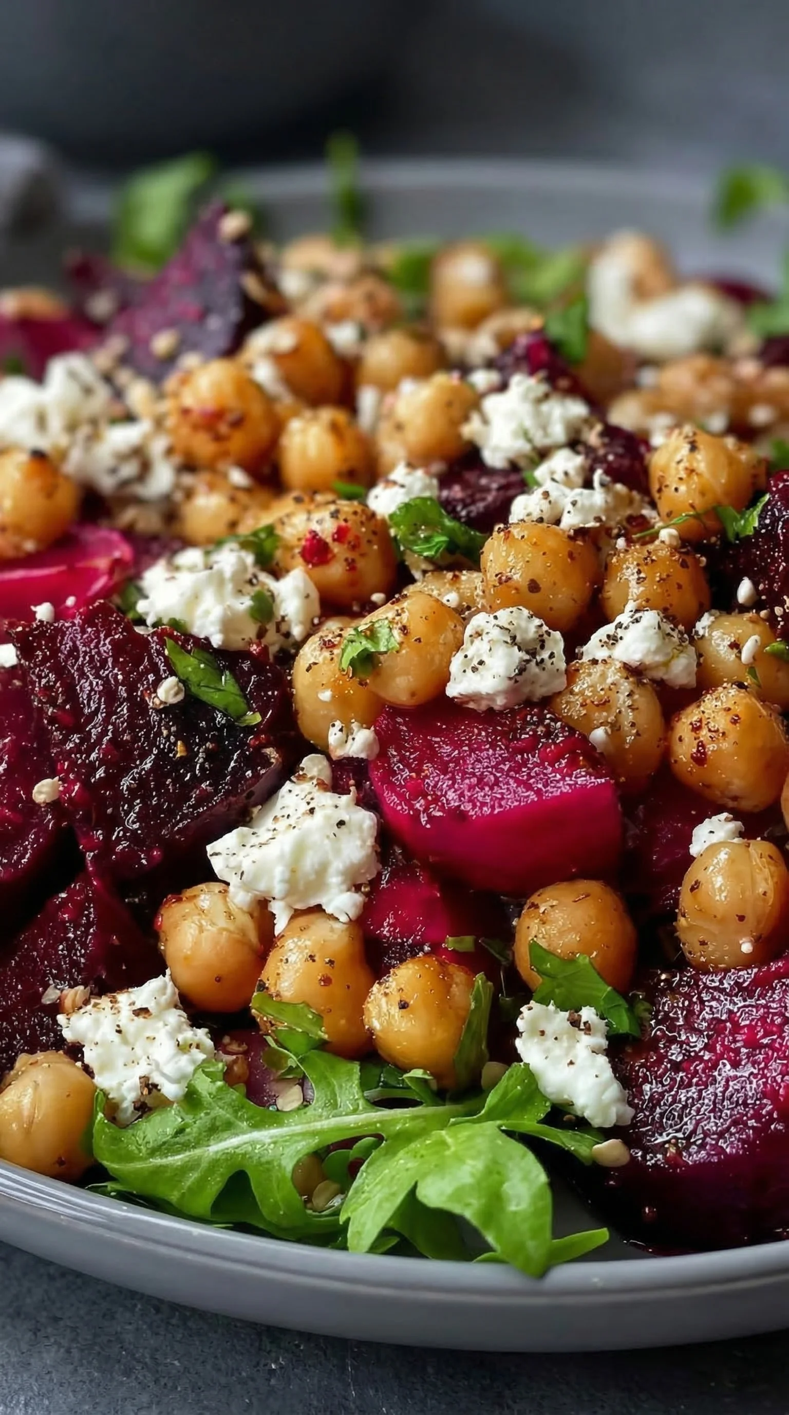 A plate of food with chickpeas, red beets, and feta cheese.