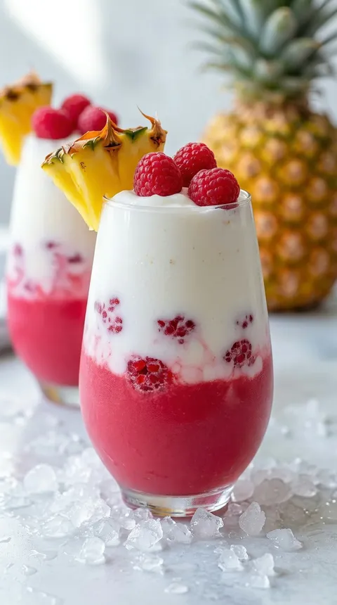A glass of pink and white drink with a pineapple wedge.