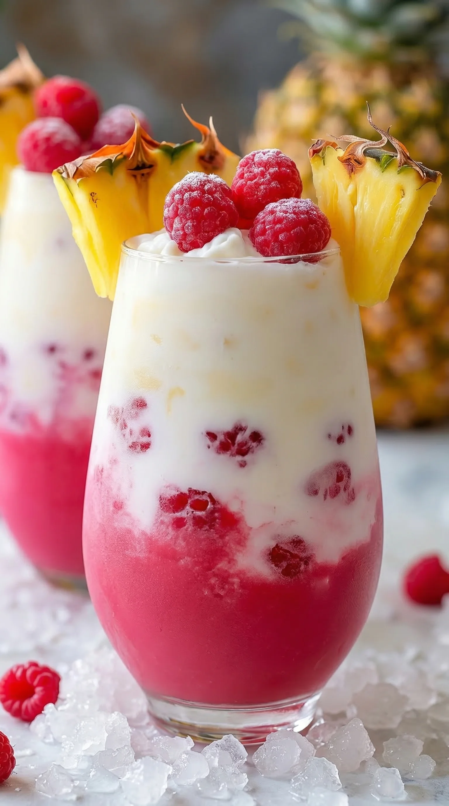 A glass of pink and white drink with a pineapple wedge.