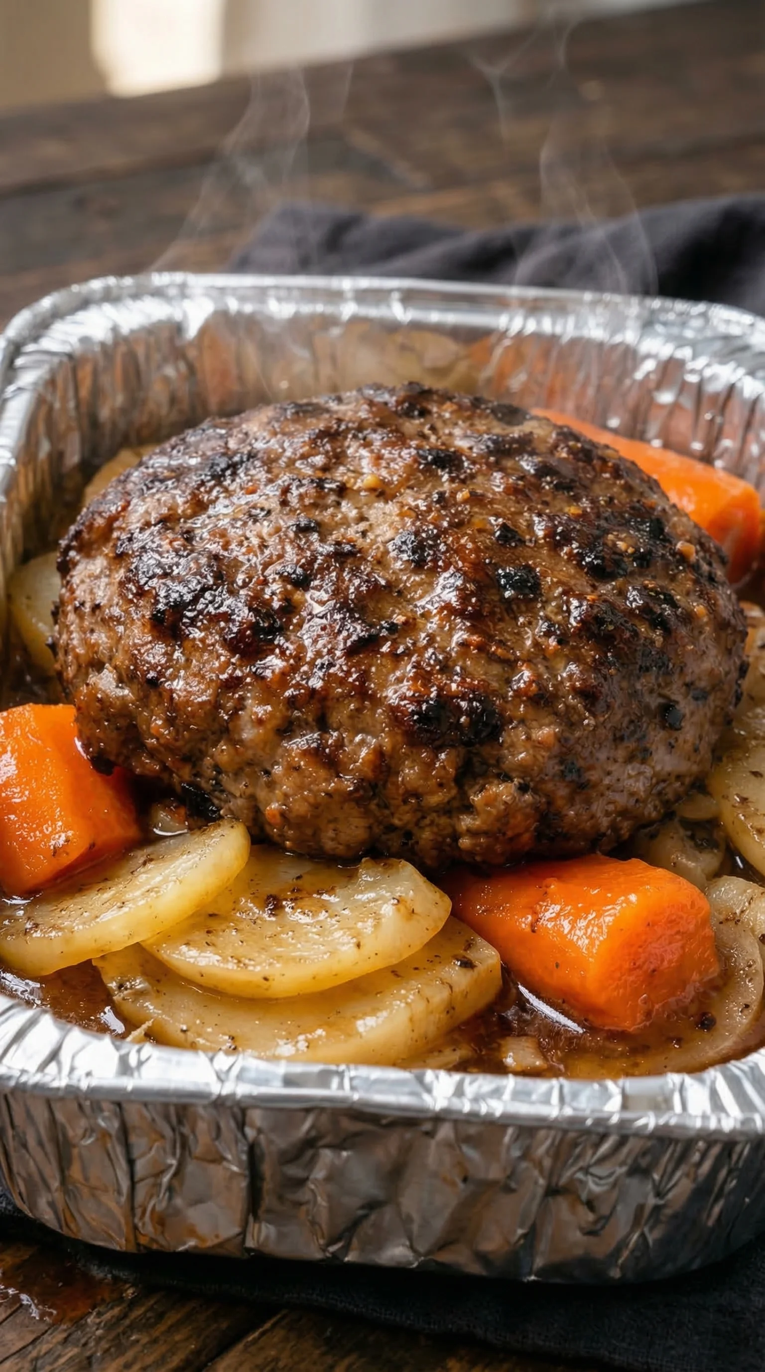 A meatball is on a foil plate with carrots.