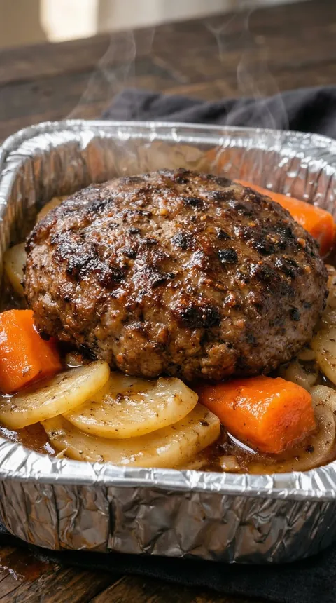 A meatball is on a foil plate with carrots.