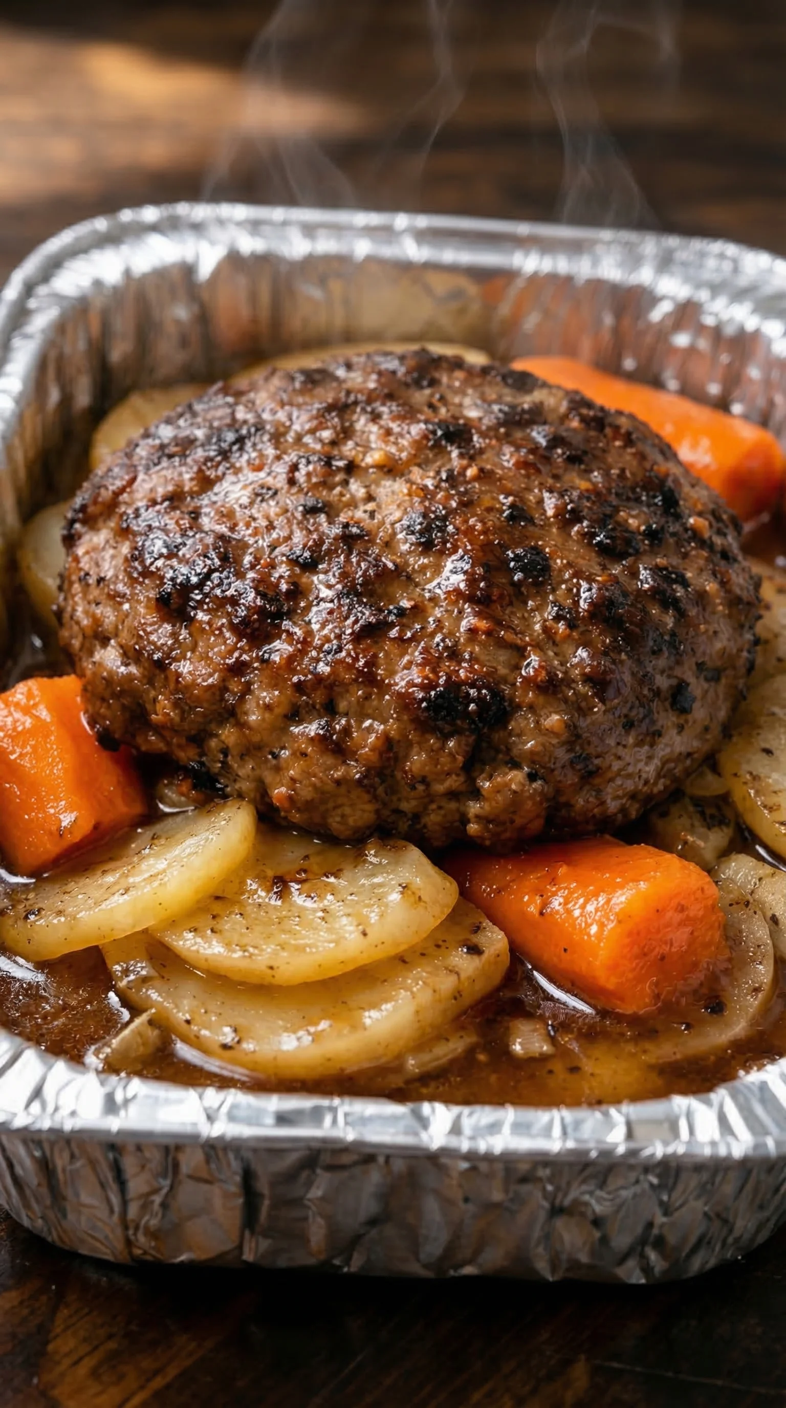 A meat patty with carrots and potatoes.