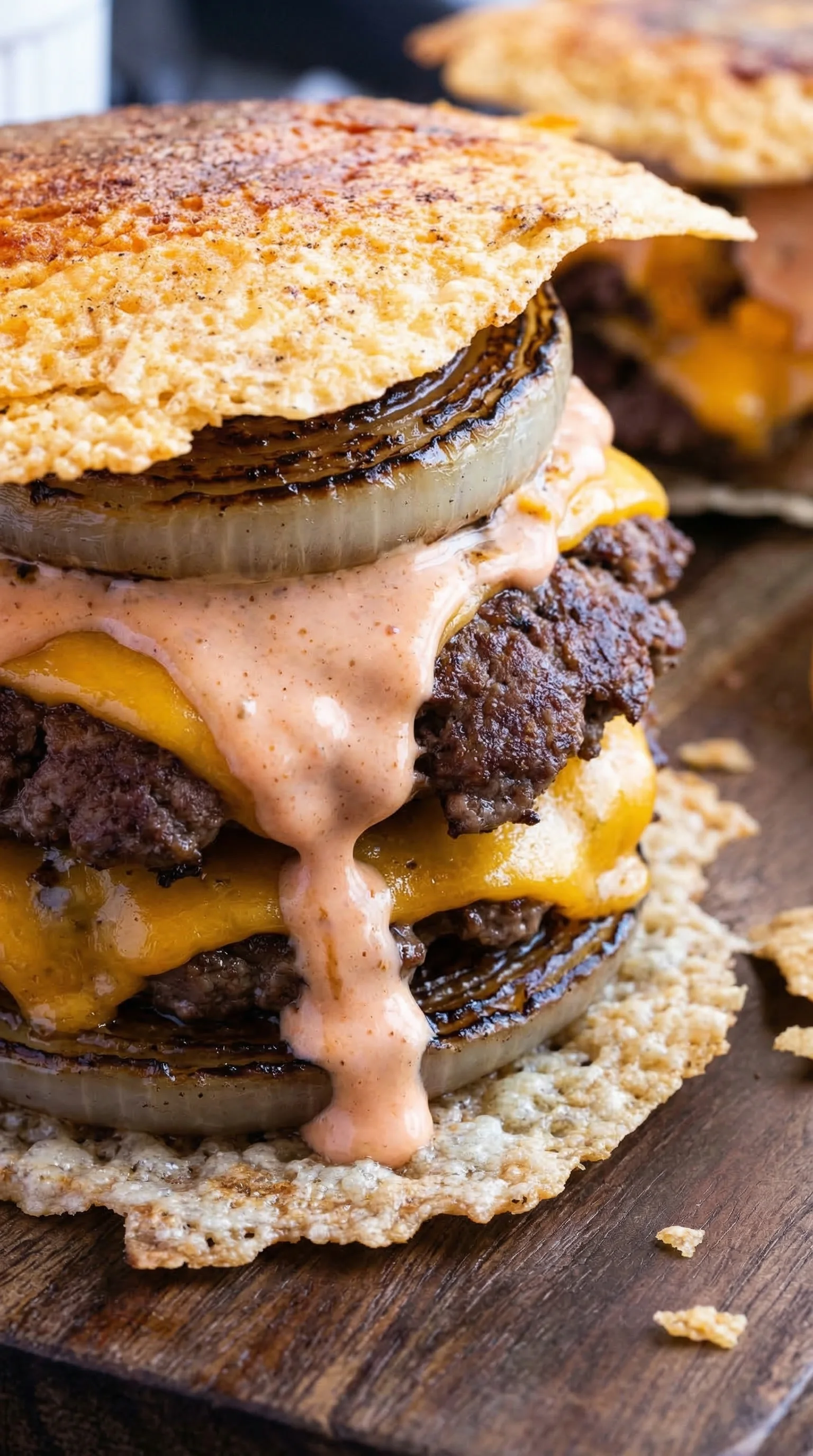 A stack of hamburgers with a side of onions and sauce.