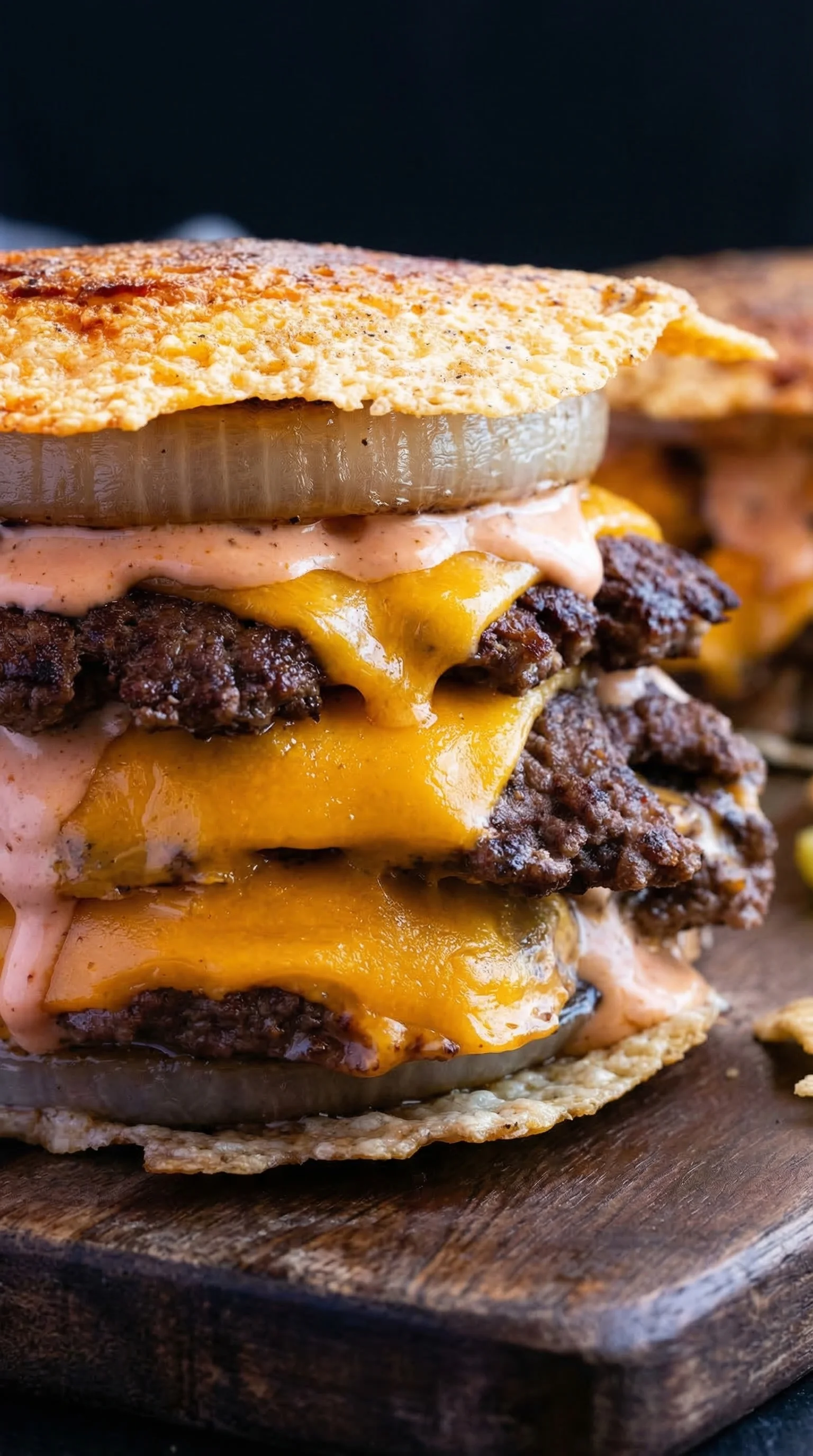 A large burger with cheese and onions.