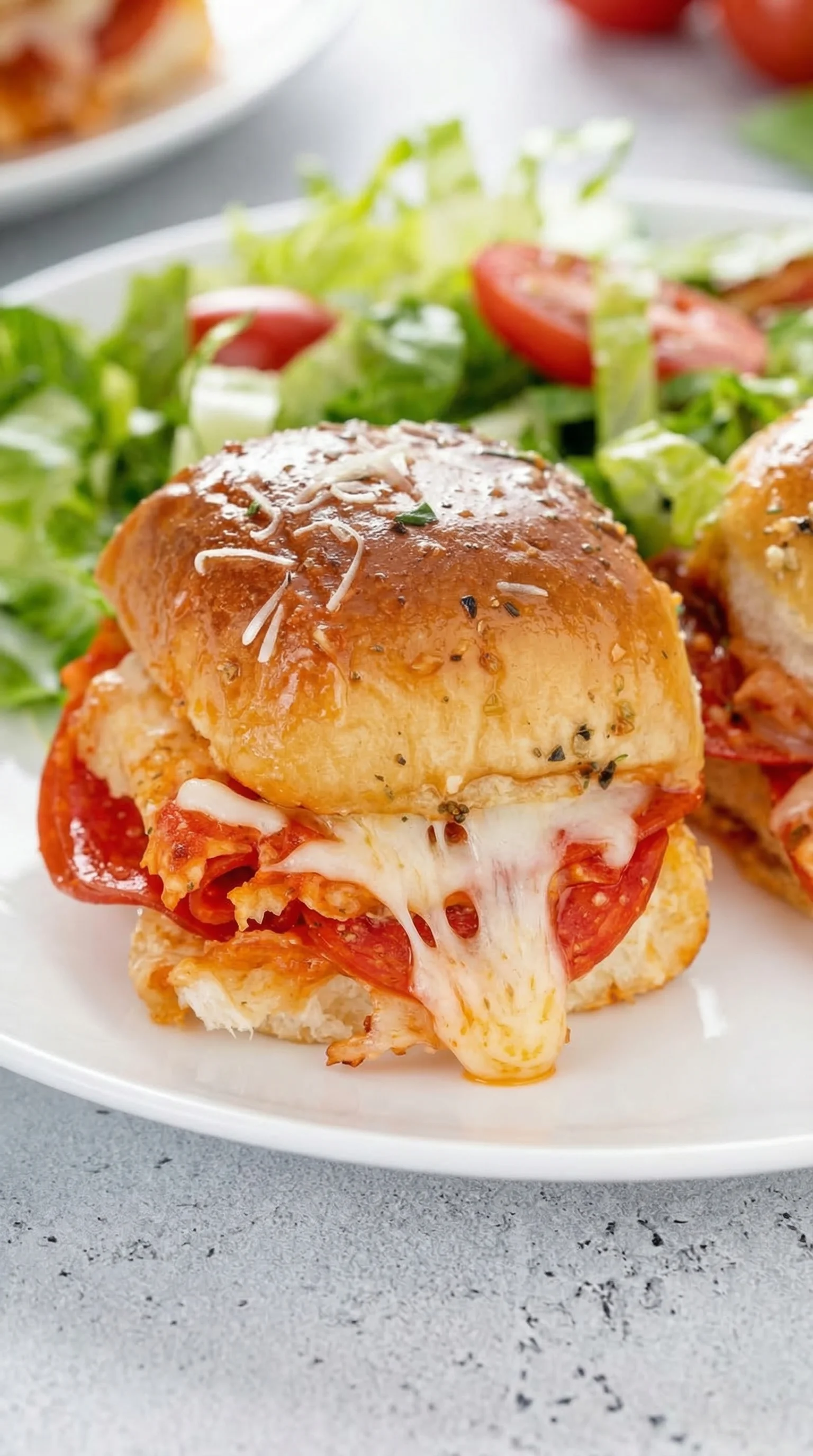 A sandwich with tomatoes and cheese on a white plate.