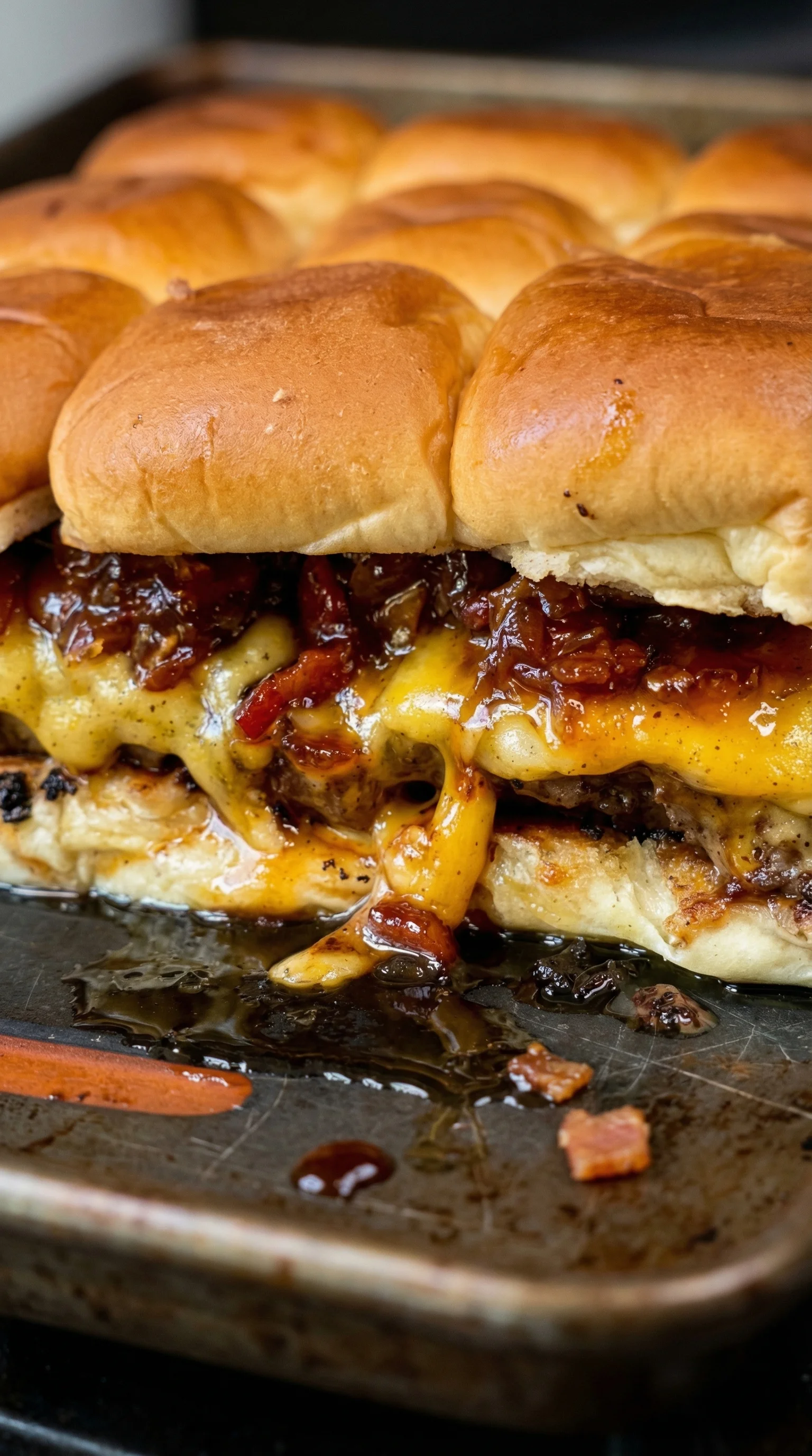 A close up of a cheeseburger with bacon and onions.