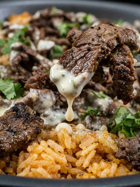 A piece of meat with sauce dripping off of it.
