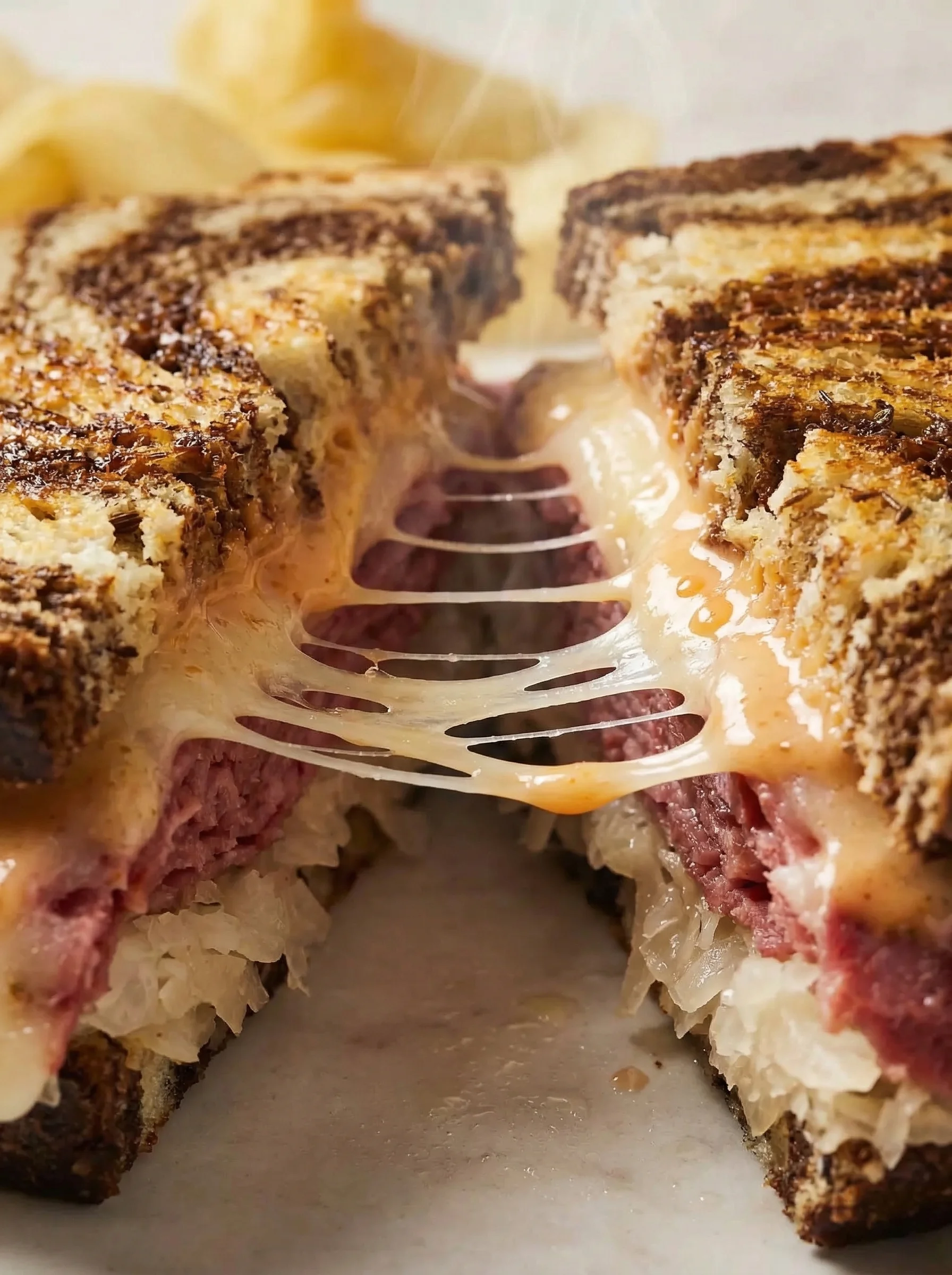 A slice of meat with cheese and sauce.