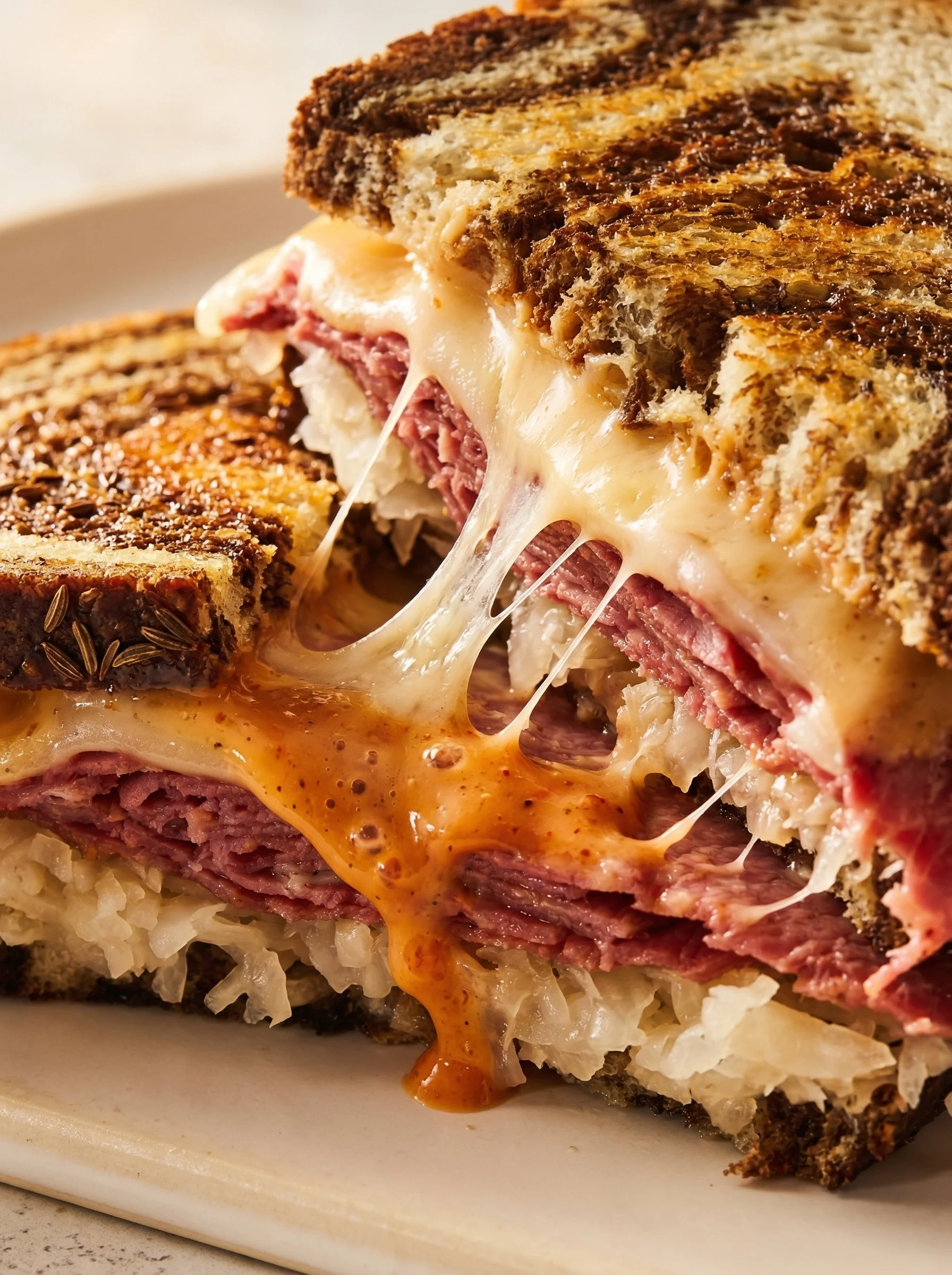 A sandwich with meat and cheese on a plate.