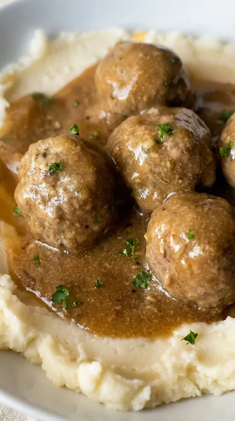 A plate of meatballs in a brown sauce.