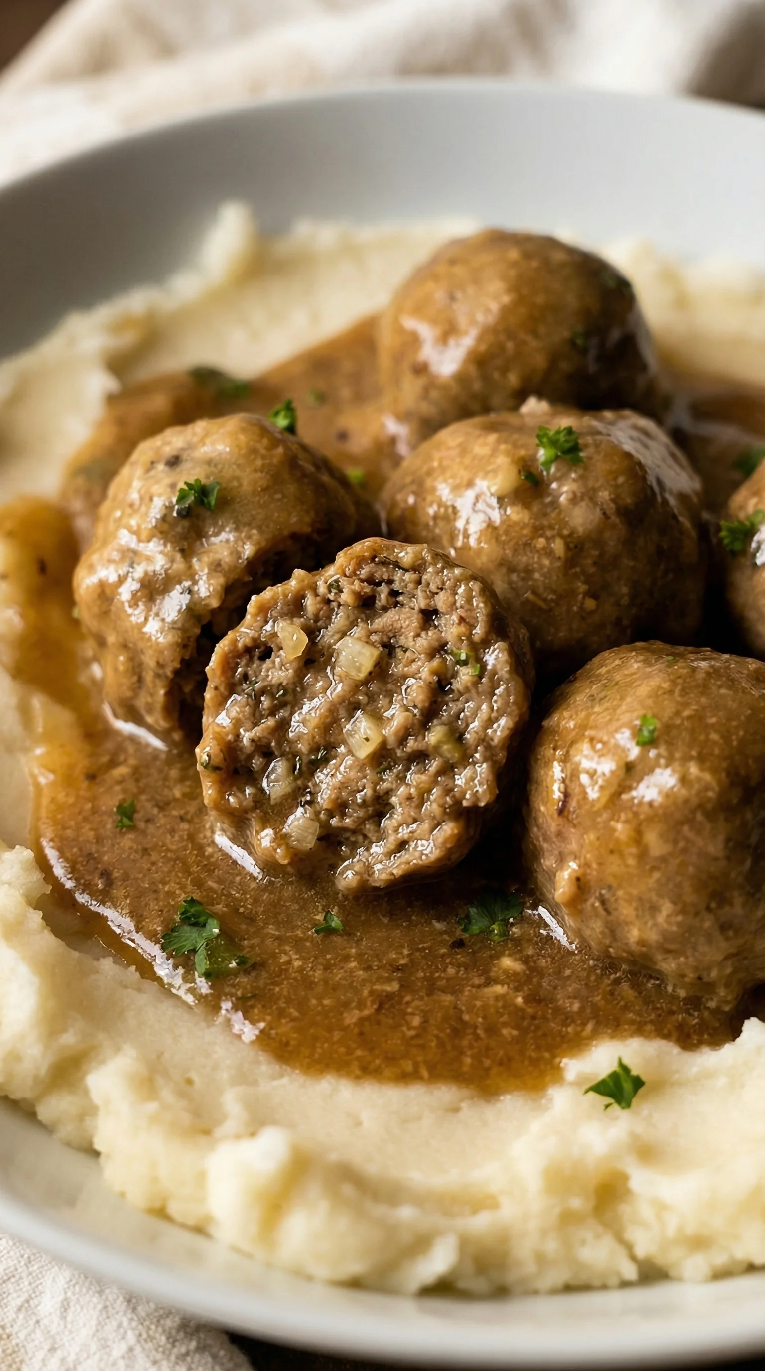 Meatballs in gravy on mashed potatoes.