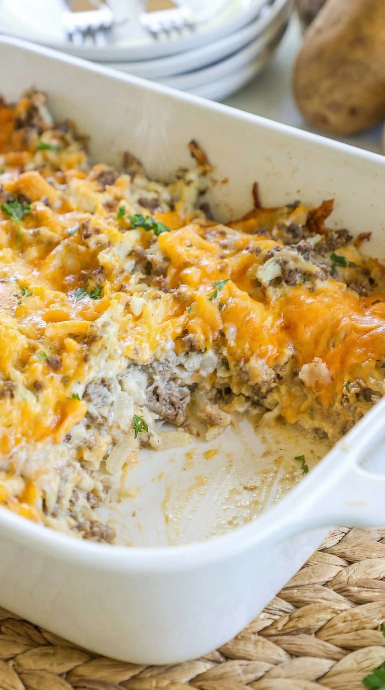 A white bowl with a casserole in it.