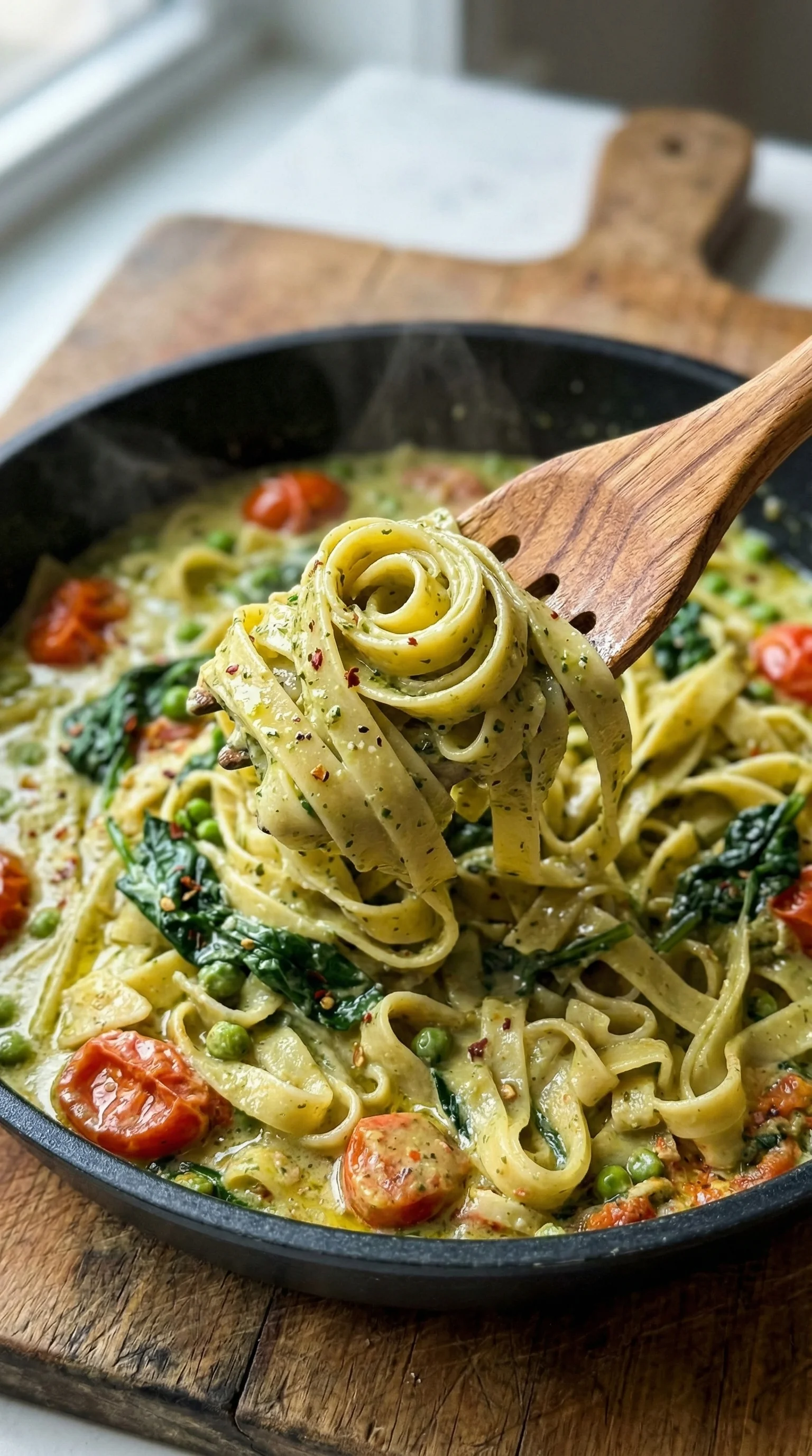 A spoon is scooping up a bowl of pasta.