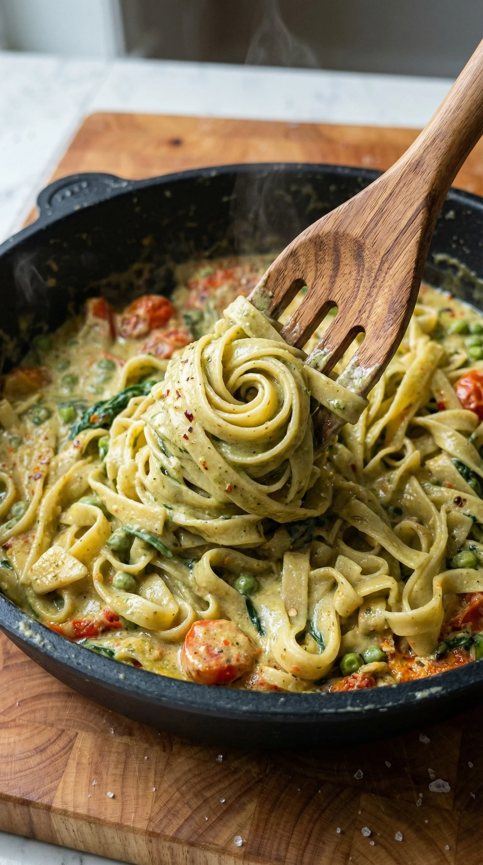 A fork is in a bowl of pasta.