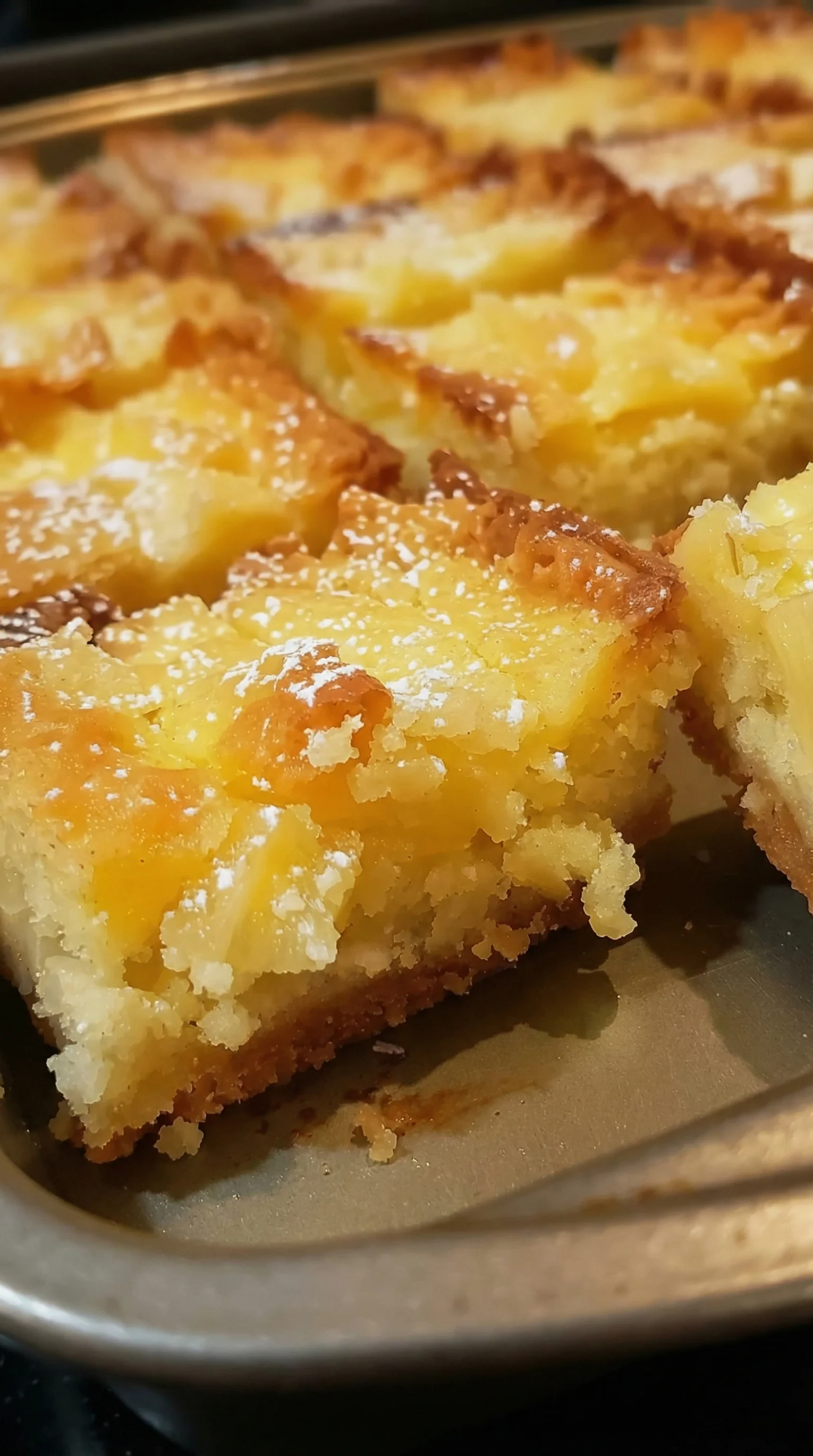 A slice of cake with powdered sugar on top.