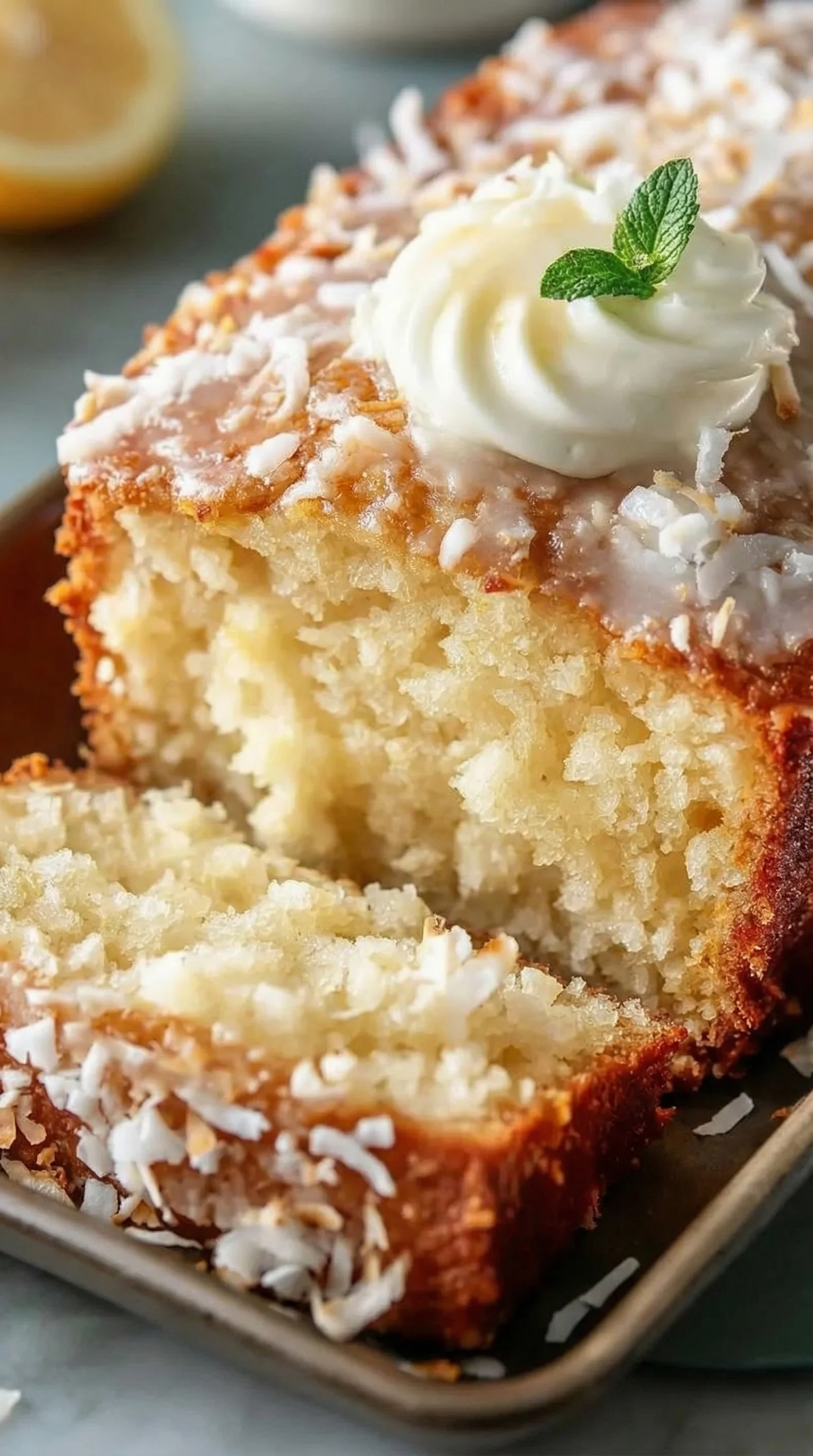 A piece of cake with white frosting and coconut on top.