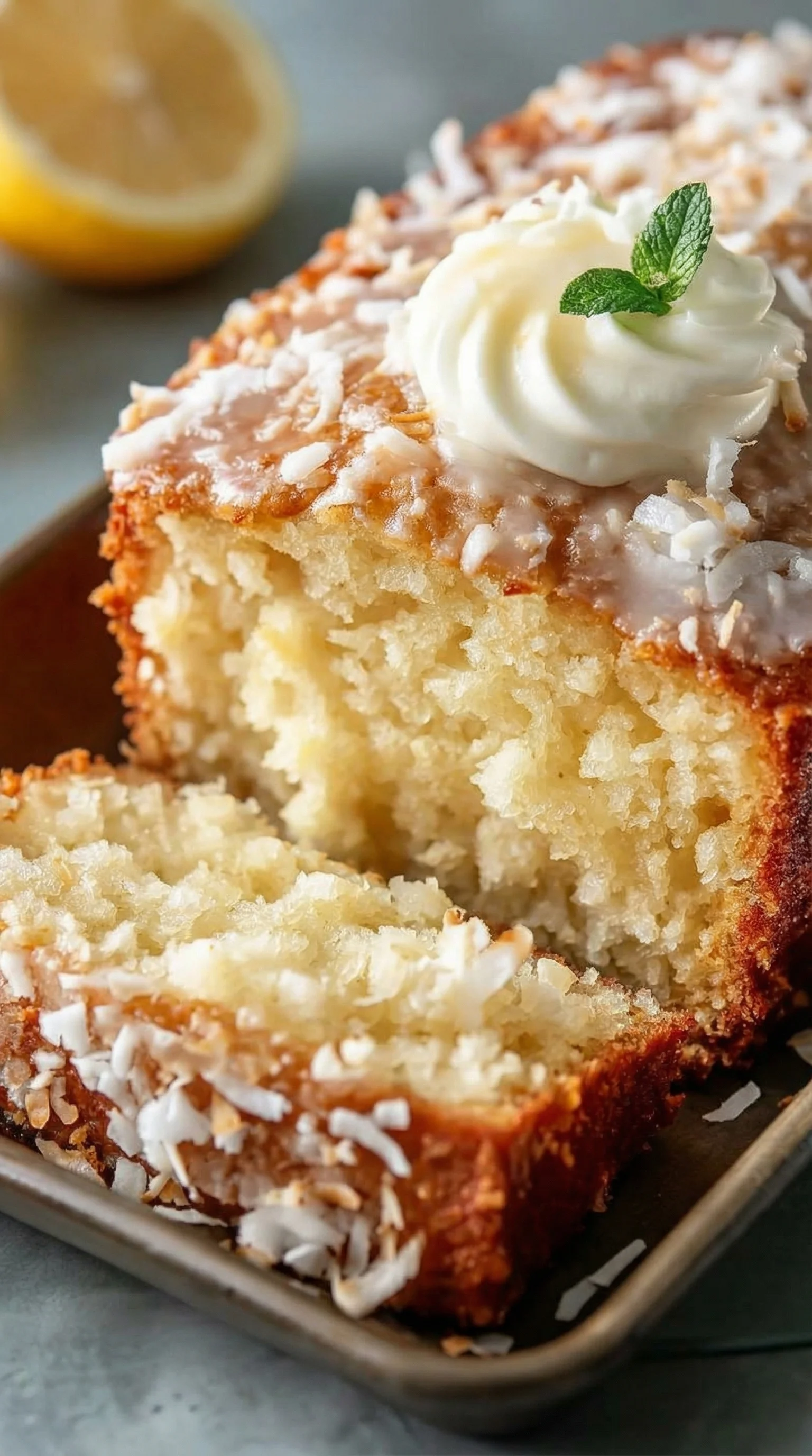 A slice of cake with white frosting and coconut on top.