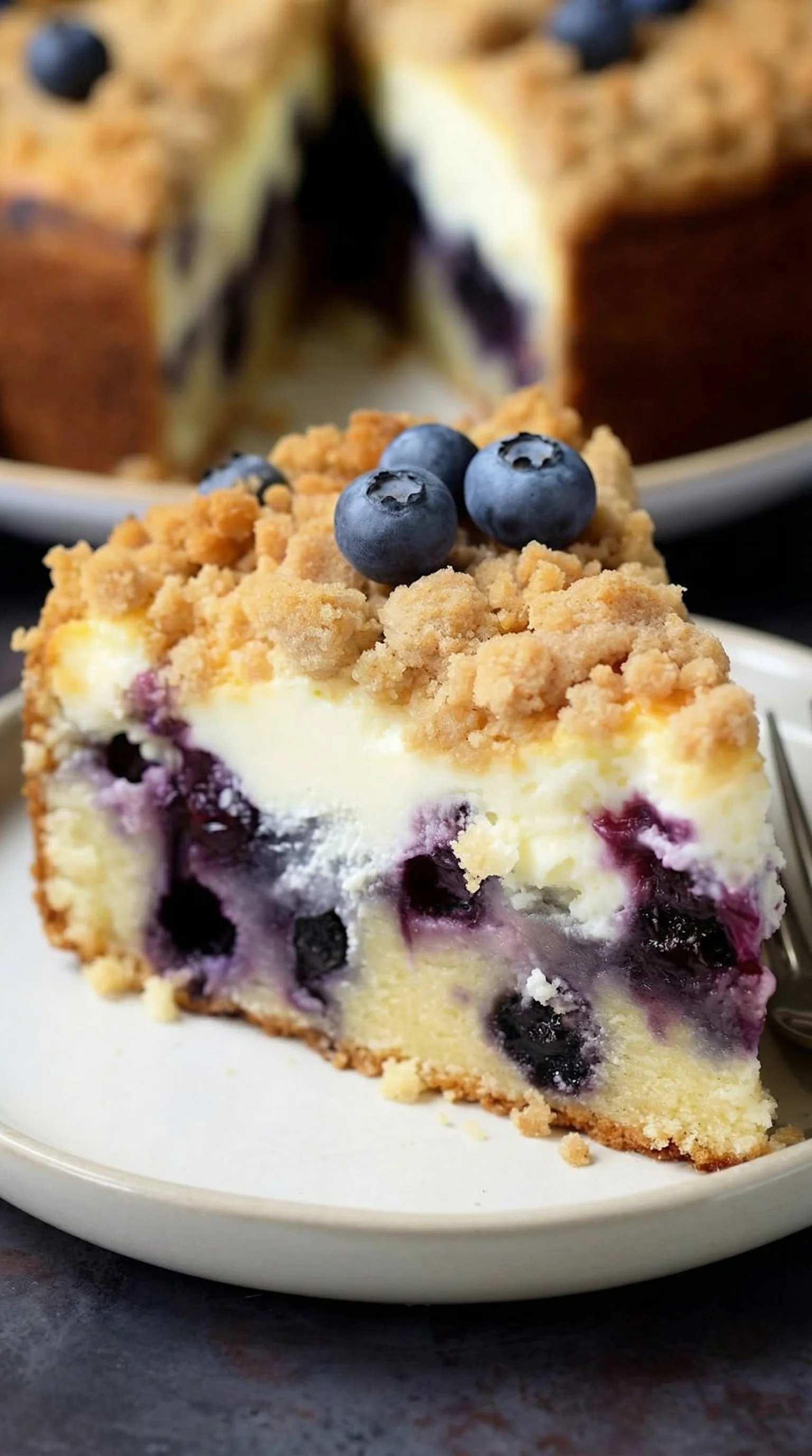 A slice of blueberry cheesecake.