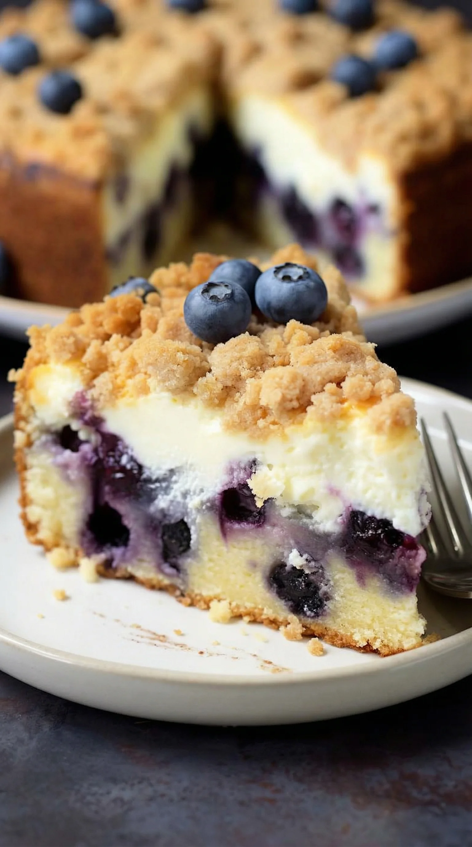 A slice of blueberry cheesecake.