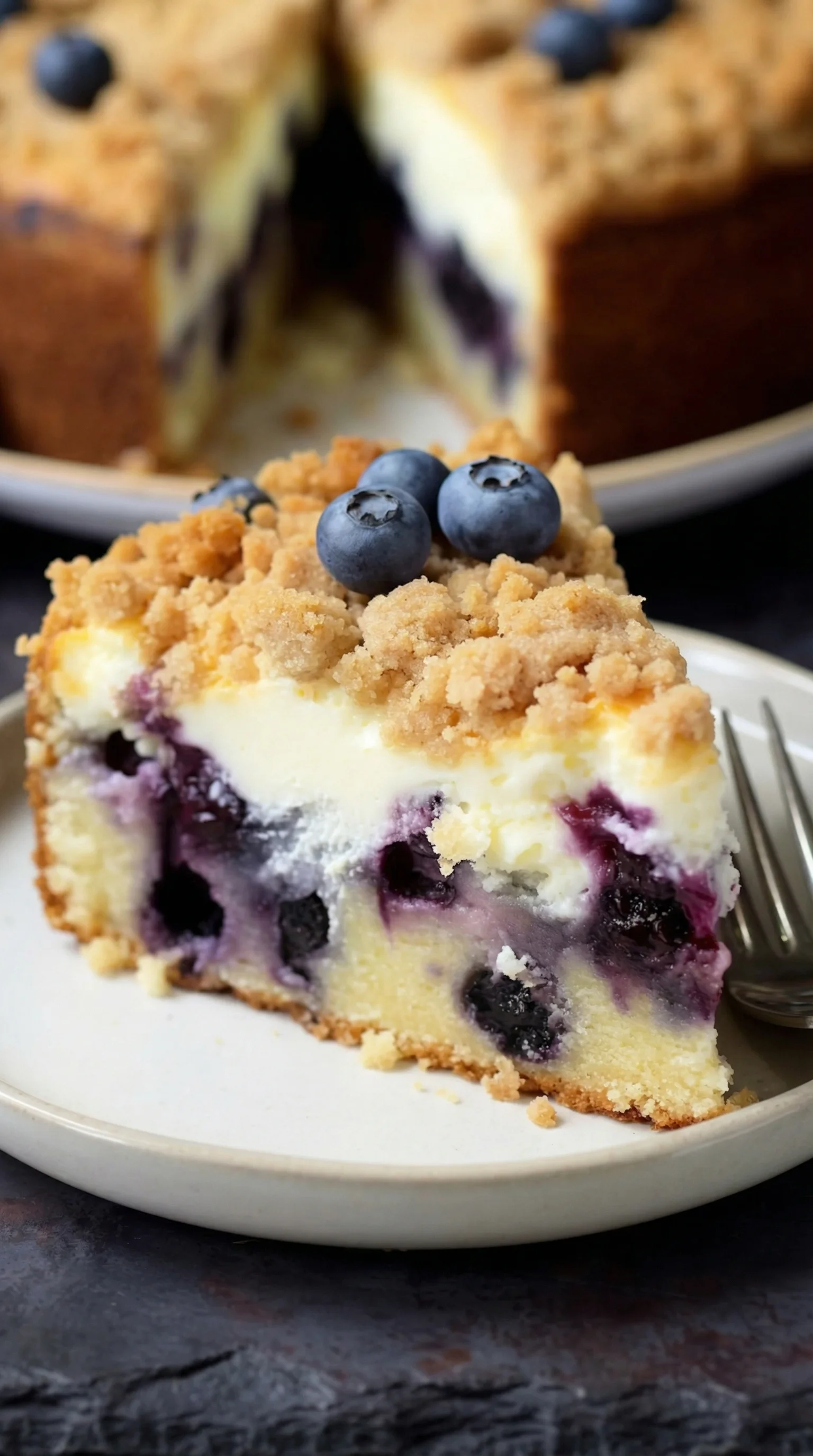 A slice of cake with blueberries on top.