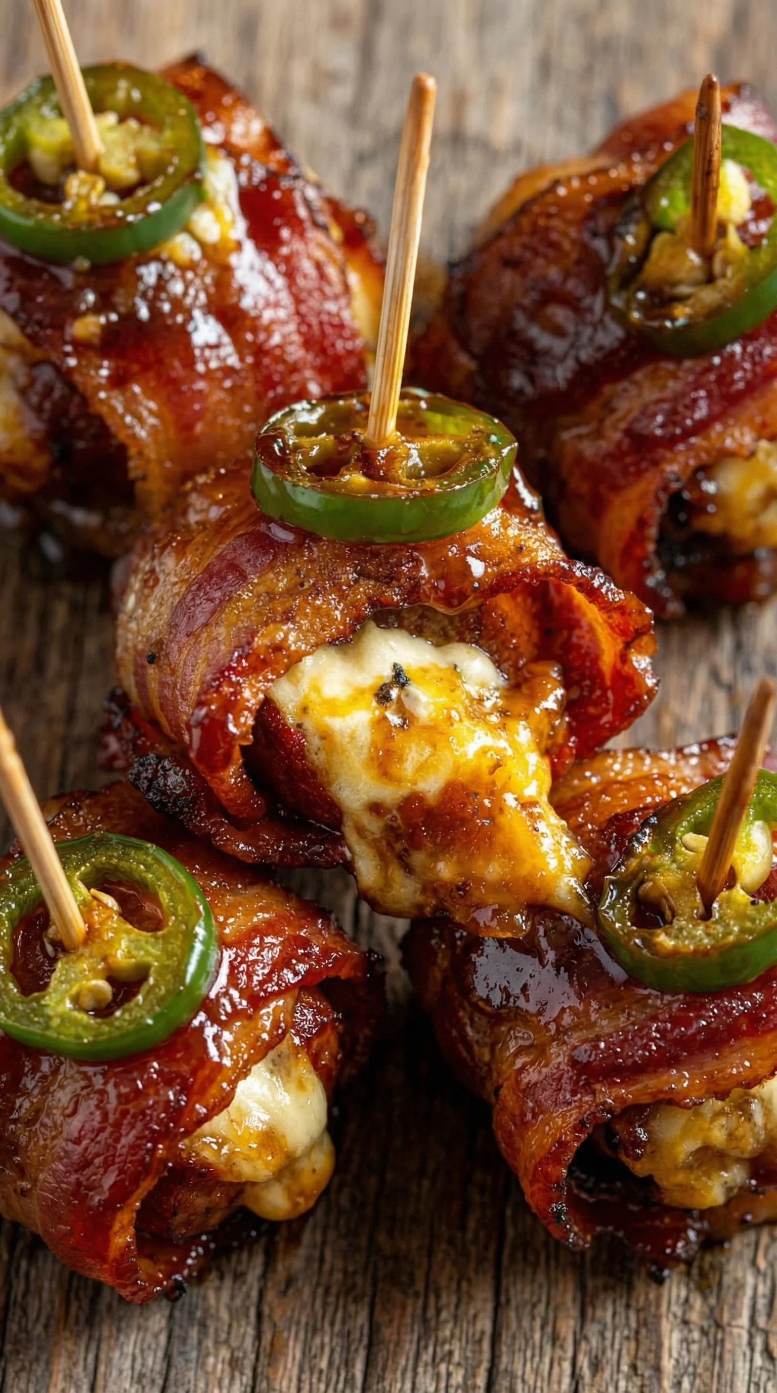 Bacon wrapped appetizers with jalapenos and cheese.