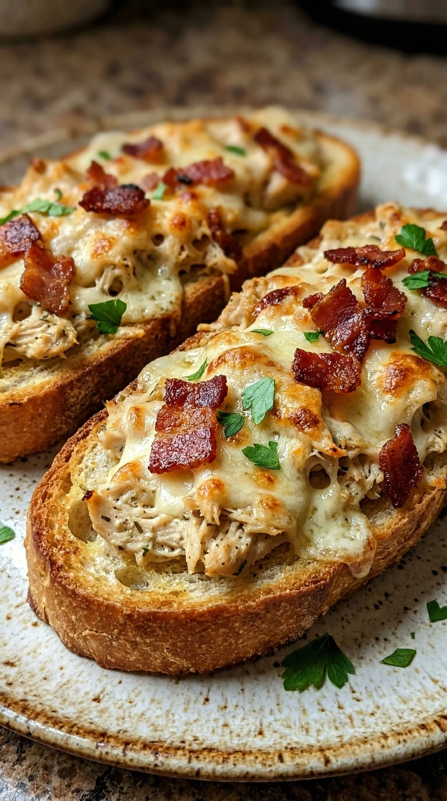Two pieces of toasted bread with cheese and bacon.