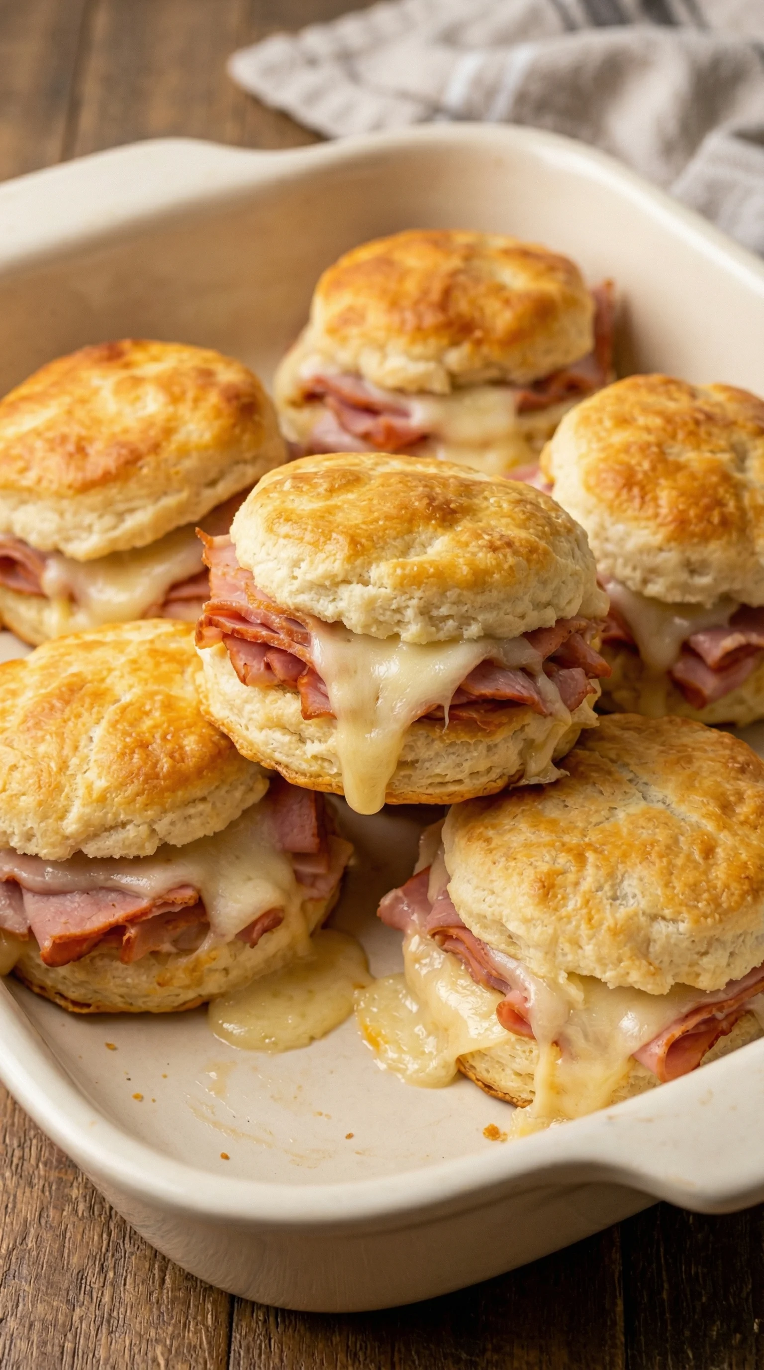 A plate of biscuits with cheese and ham.