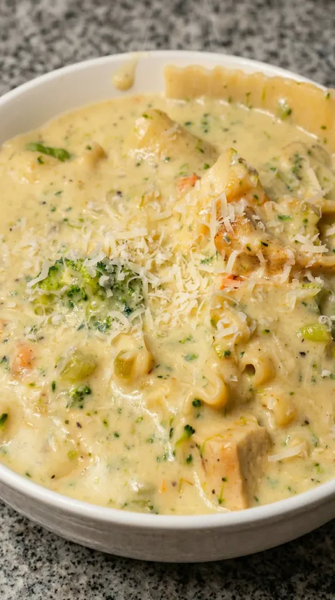 A bowl of soup with broccoli and cheese.
