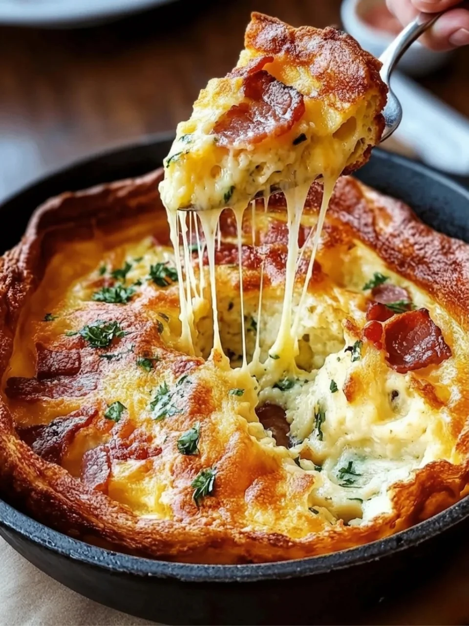 A close up of a cheese and bacon casserole.