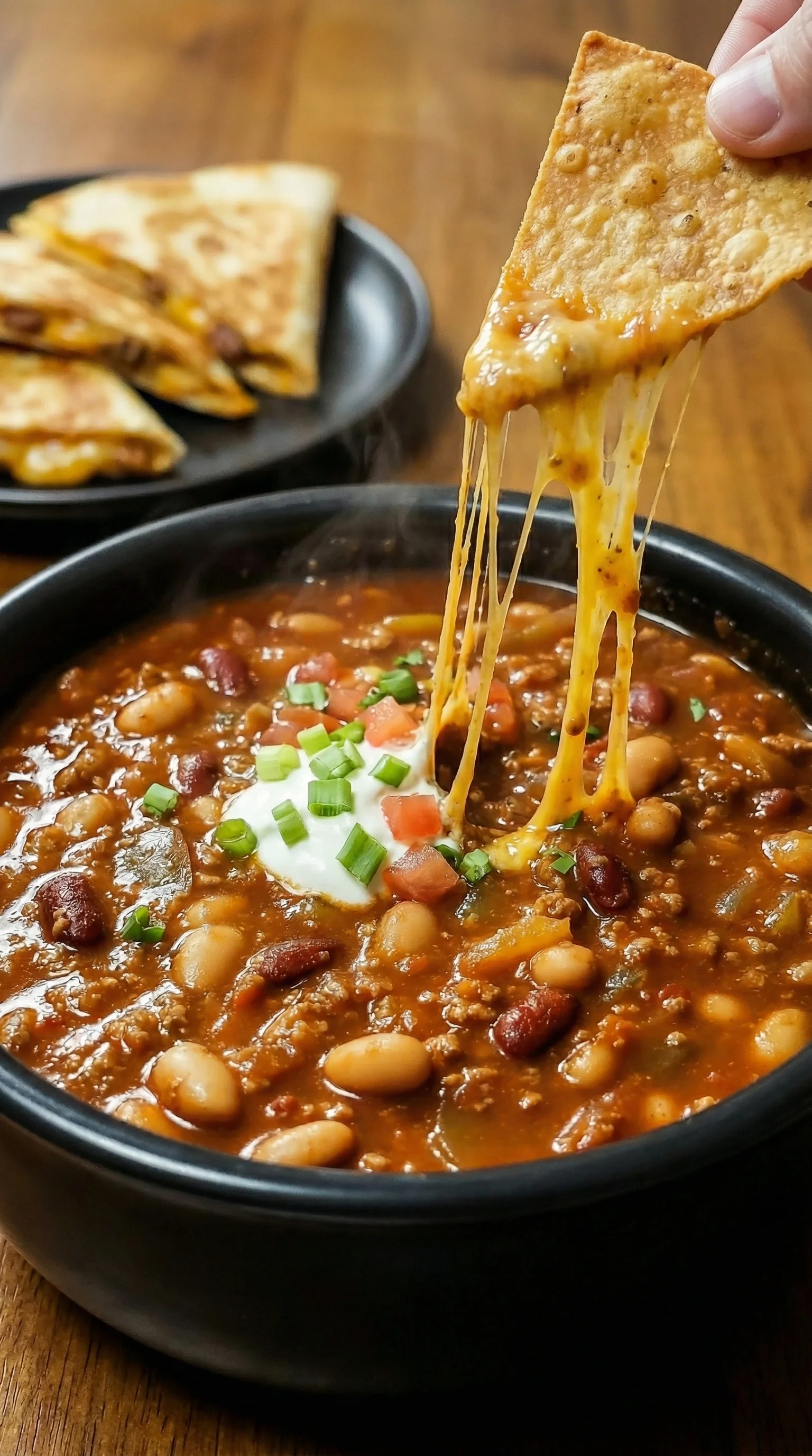 A bowl of chili with cheese on top.