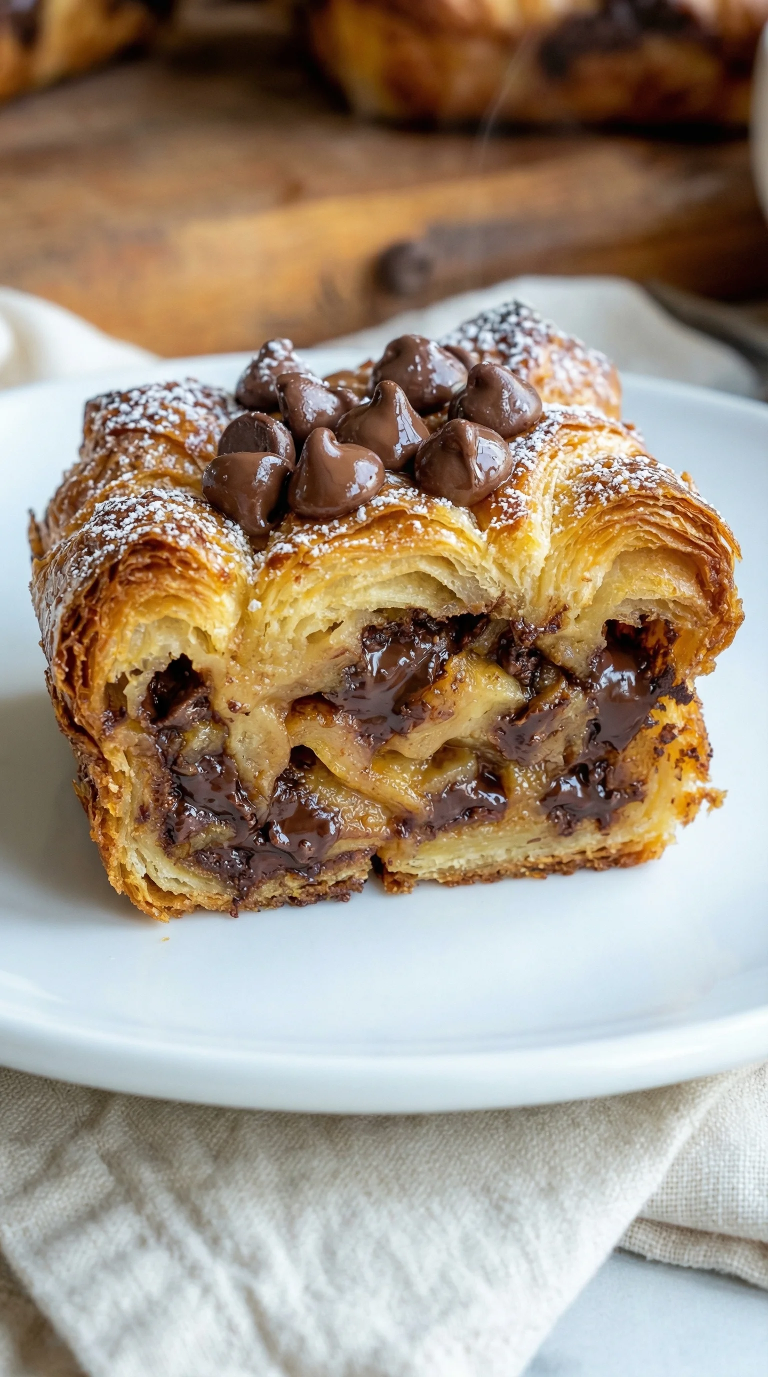 A pastry with chocolate and nuts on top.