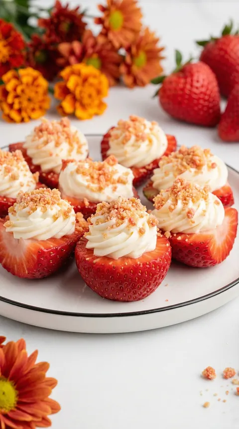 A plate of strawberry cupcakes with whipped cream.