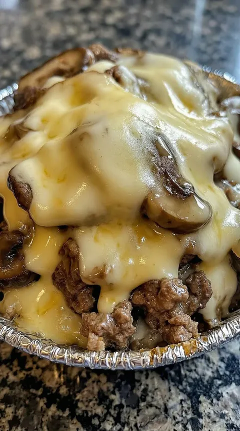 A close up of a cheesy burger.
