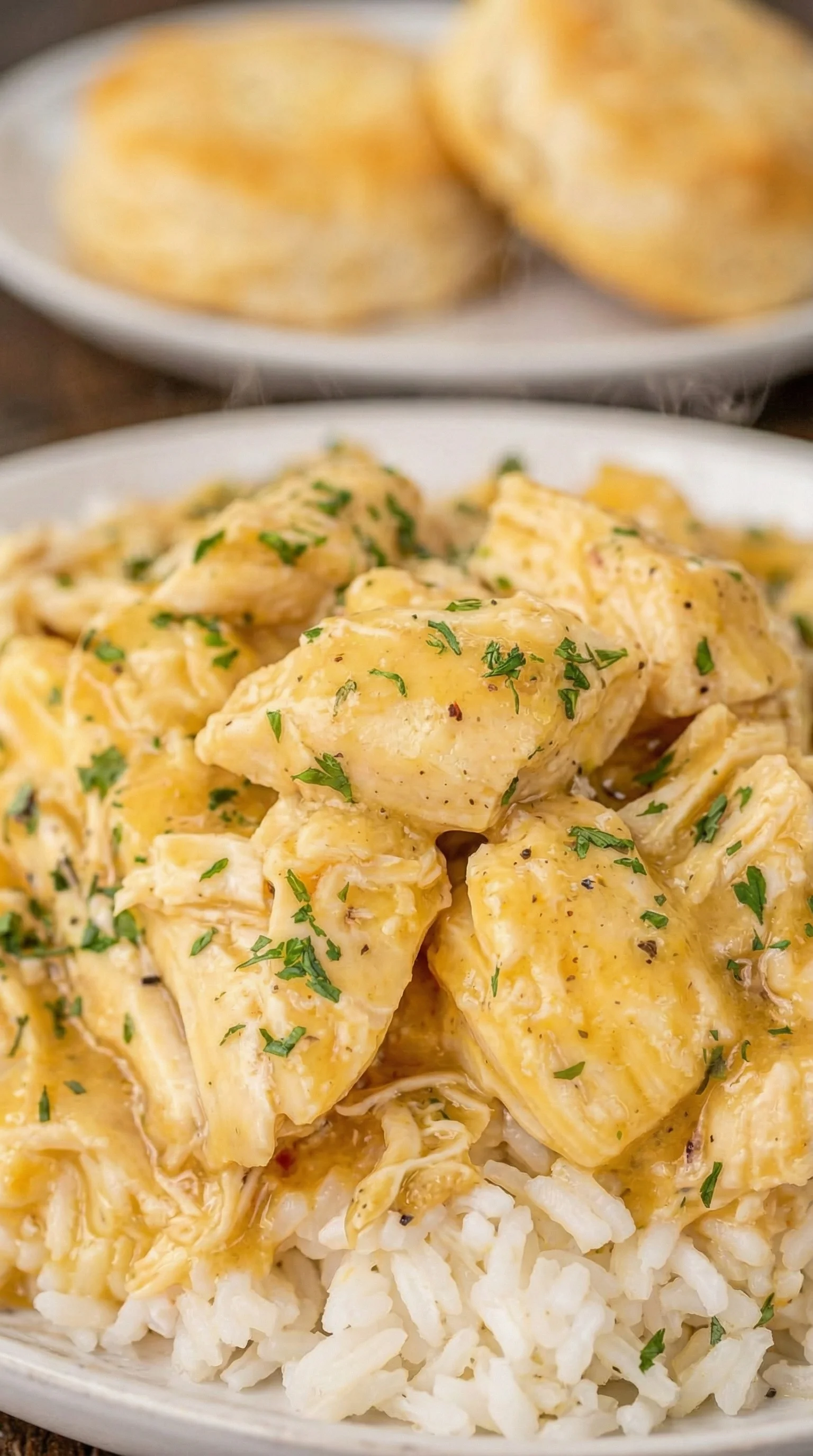 A plate of chicken with herbs on top.