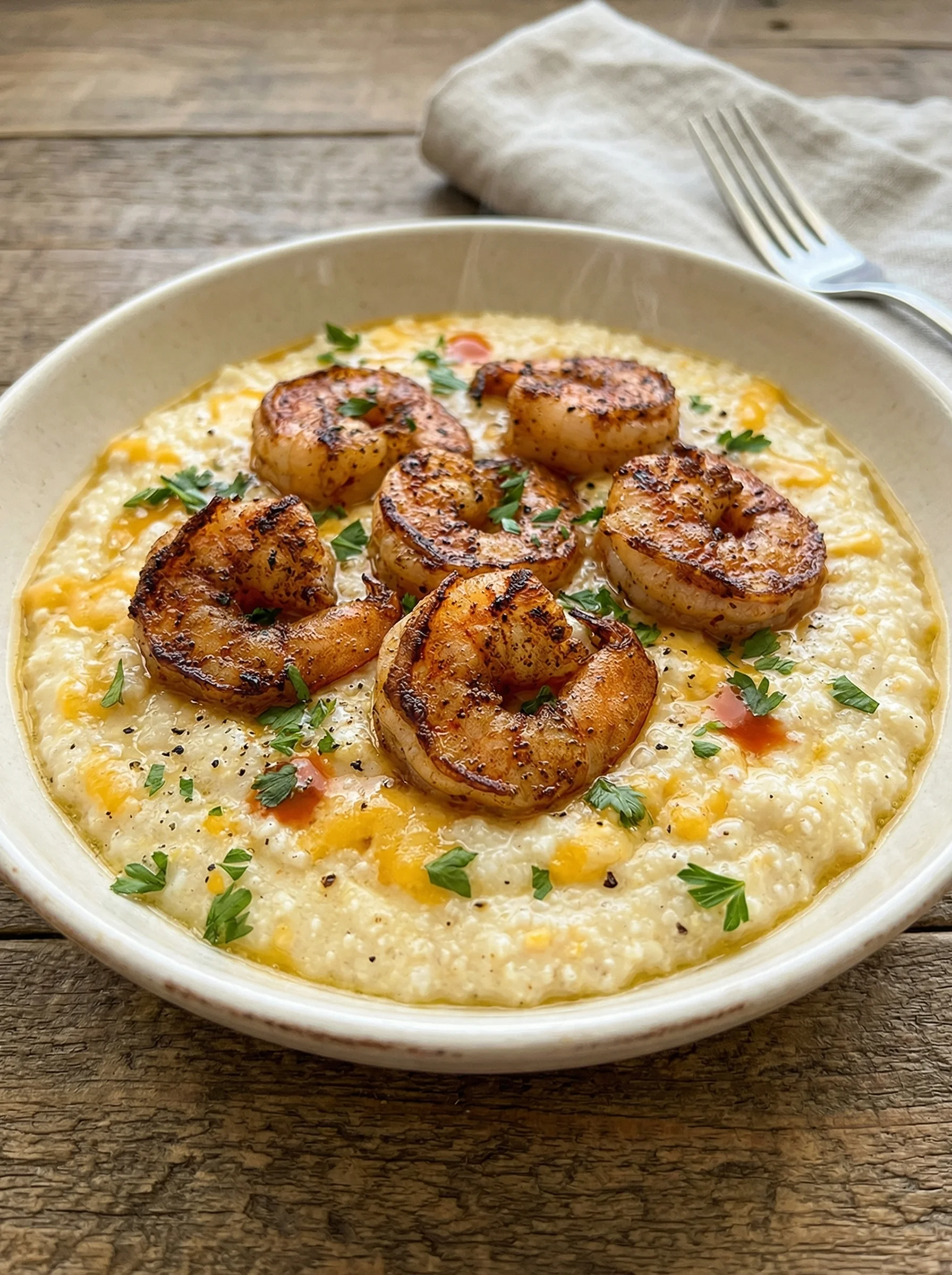 A bowl of shrimp and grits.