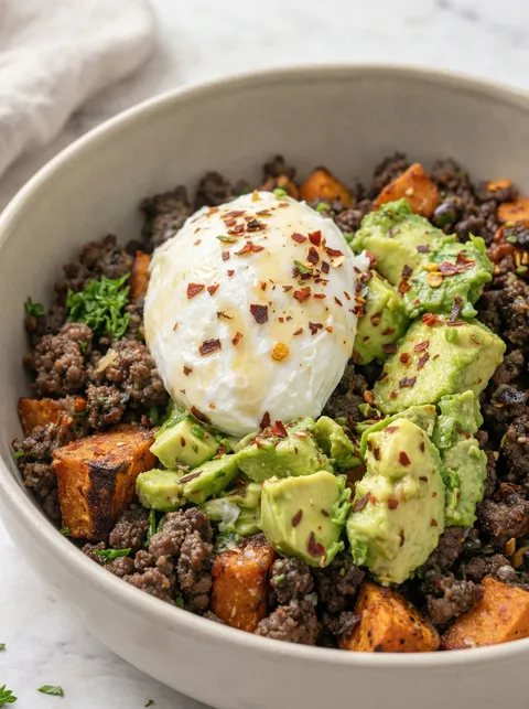 A bowl of food with a fried egg on top.