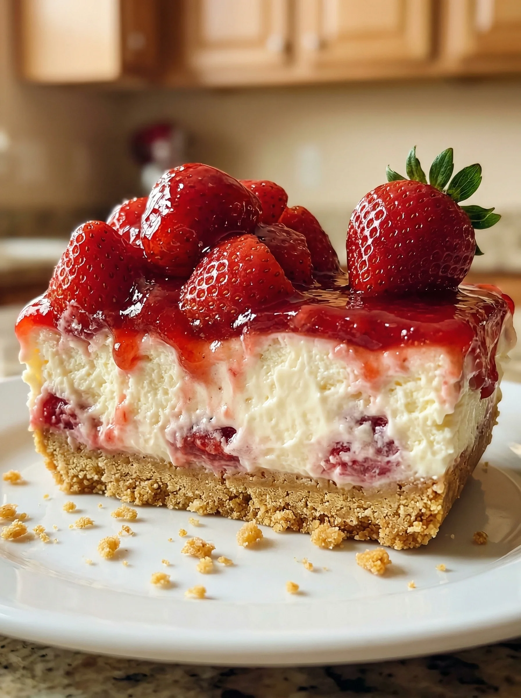 A slice of cheesecake with strawberries on top.