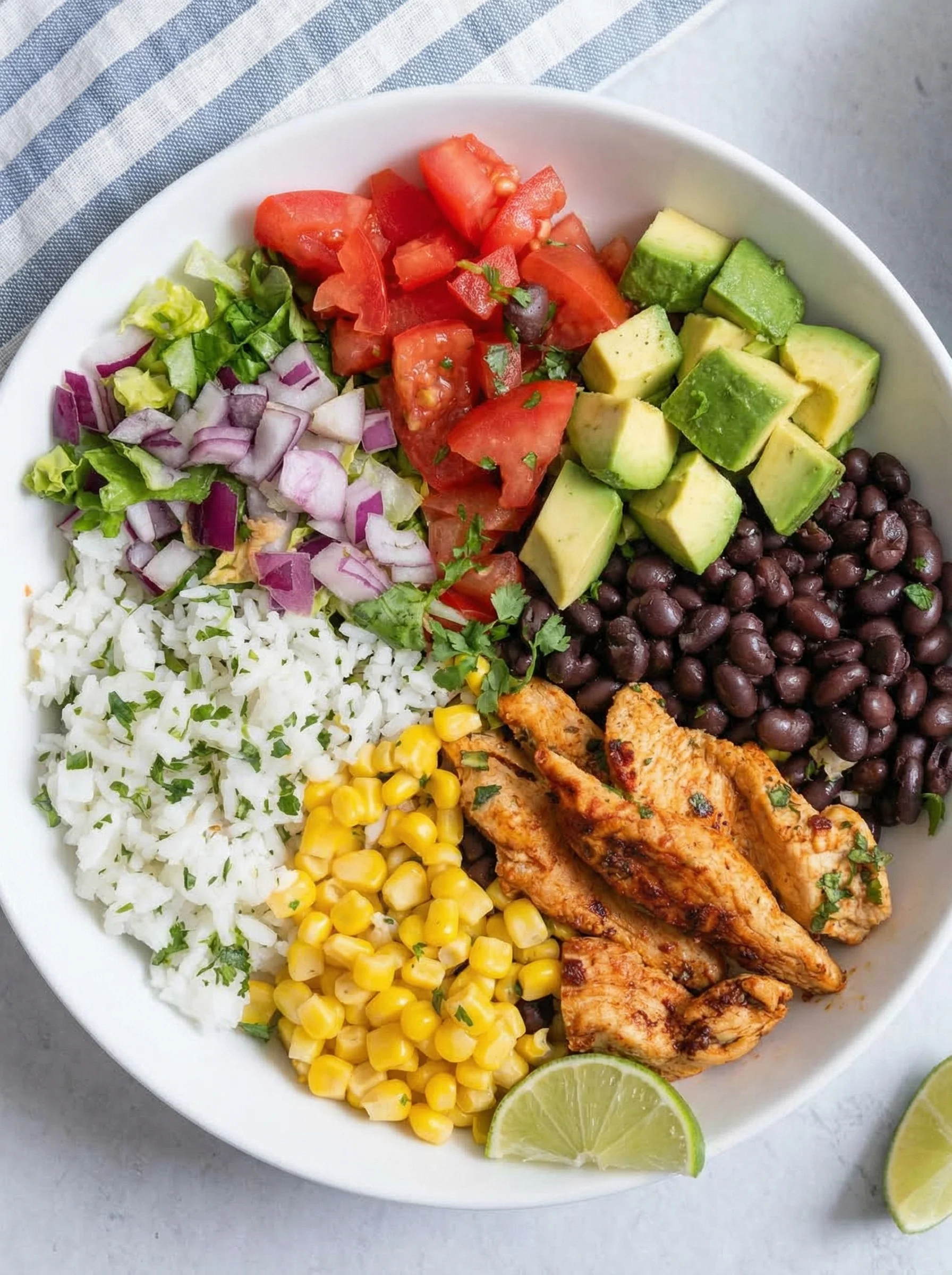 A bowl of food with chicken, corn, tomatoes, and avocado.