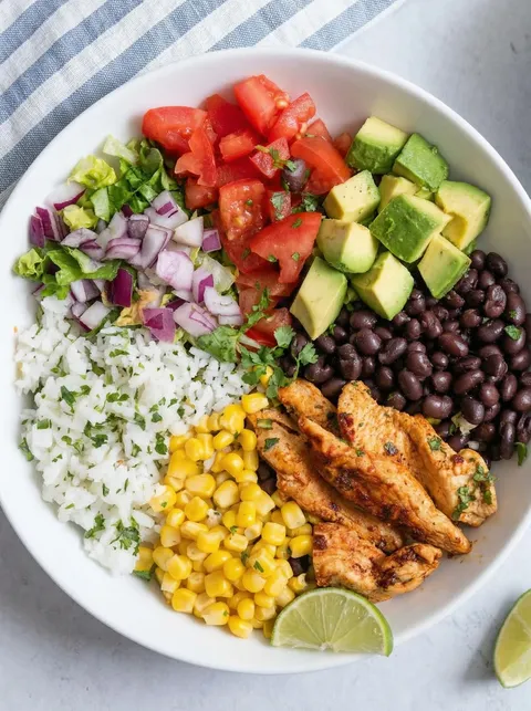 A bowl of food with chicken, corn, tomatoes, and avocado.
