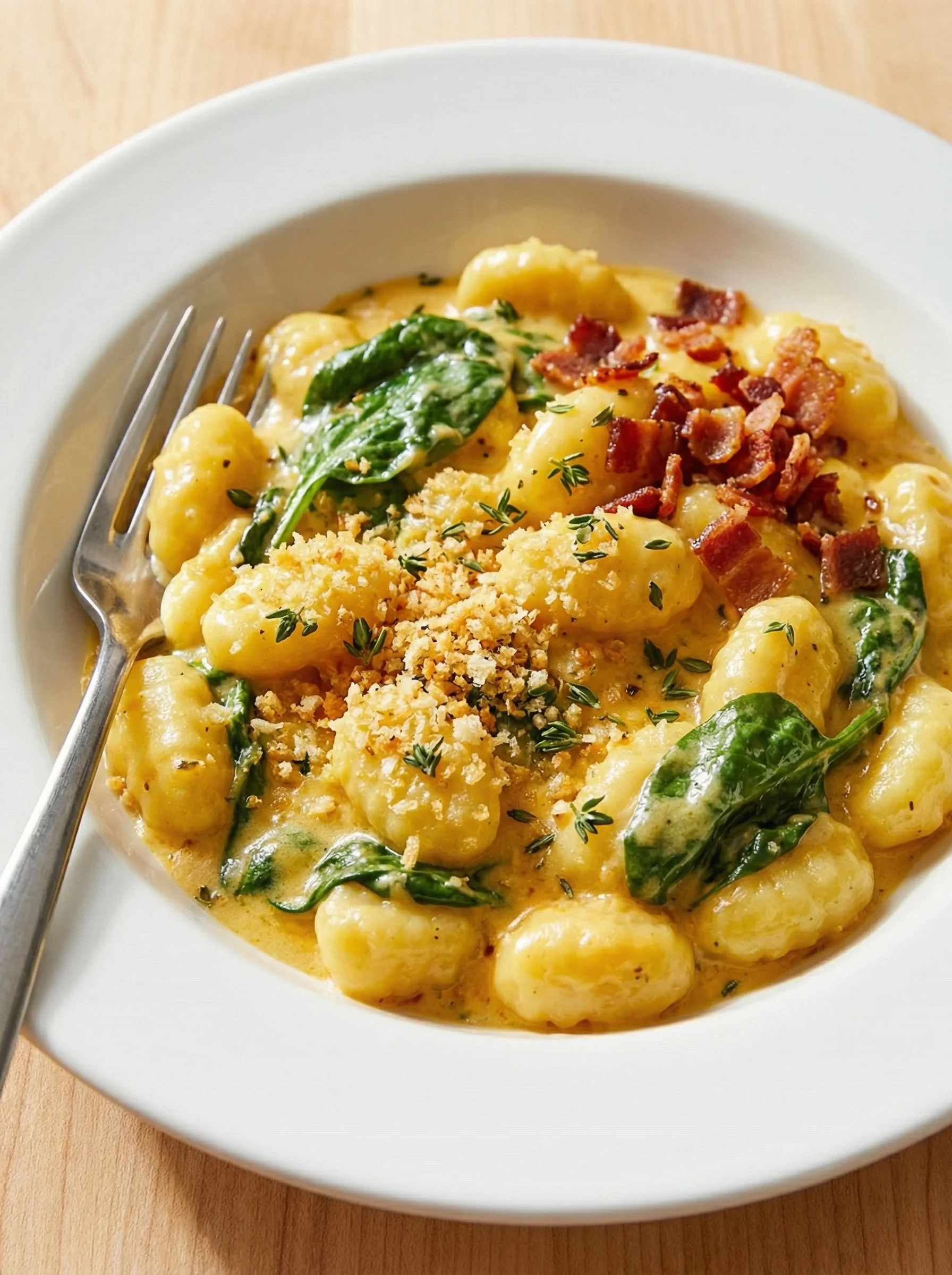 A plate of pasta with bacon and spinach.