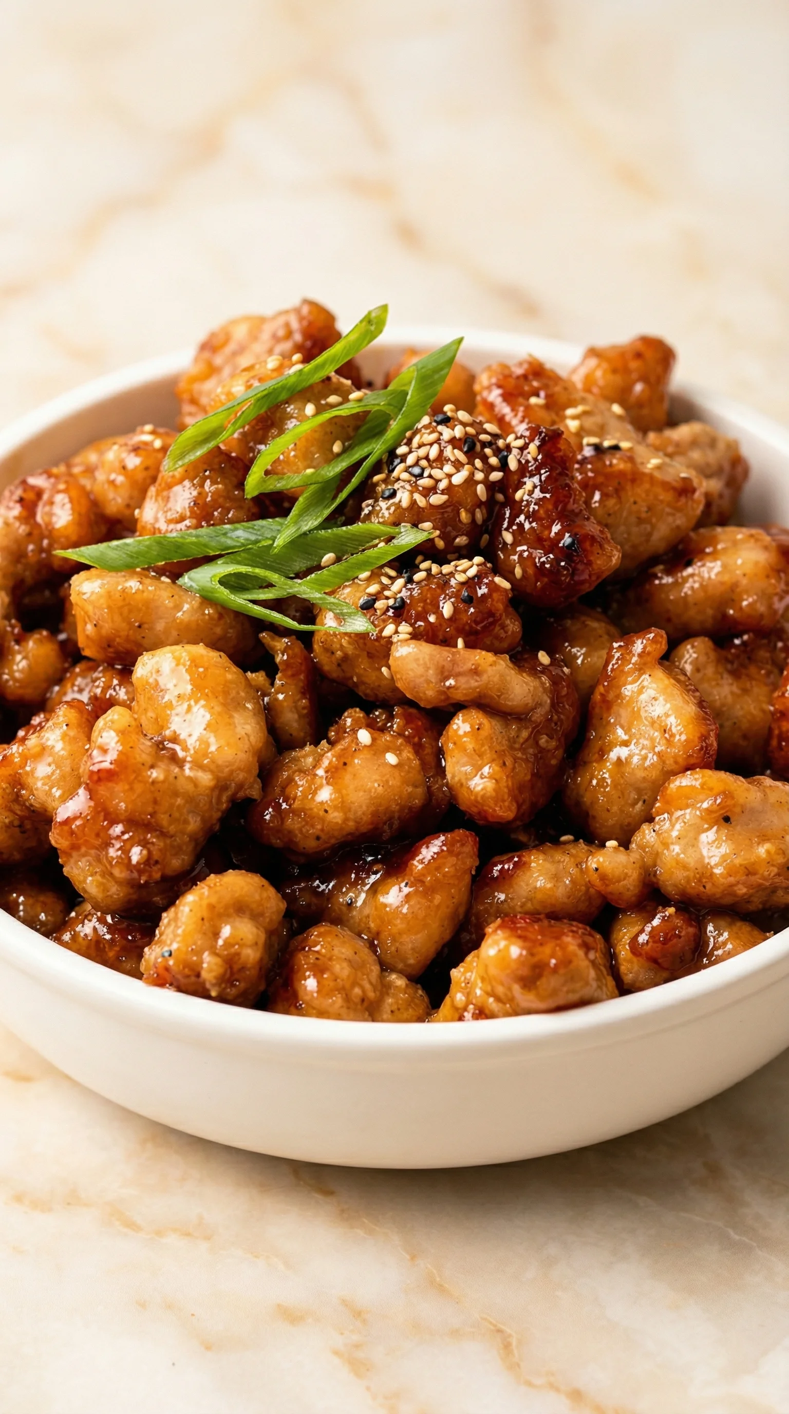 A bowl of chicken with sesame seeds.
