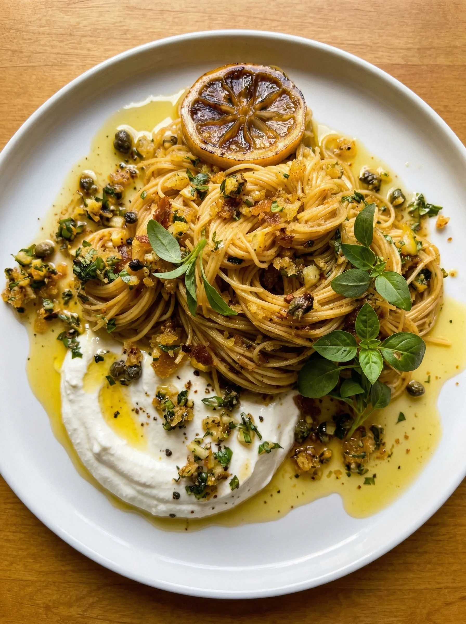 A plate of food with a slice of lemon on top.