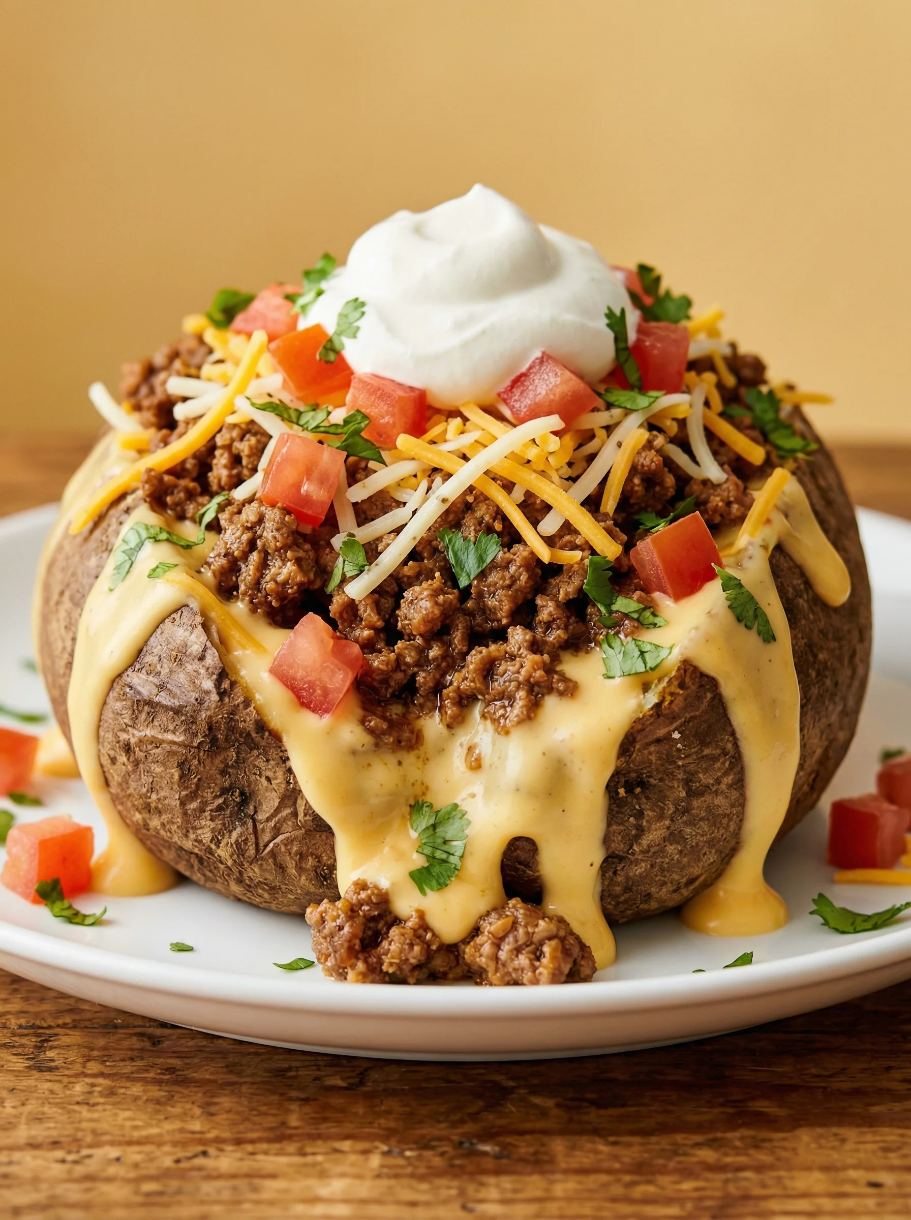 A plate of food with a baked potato and meat.