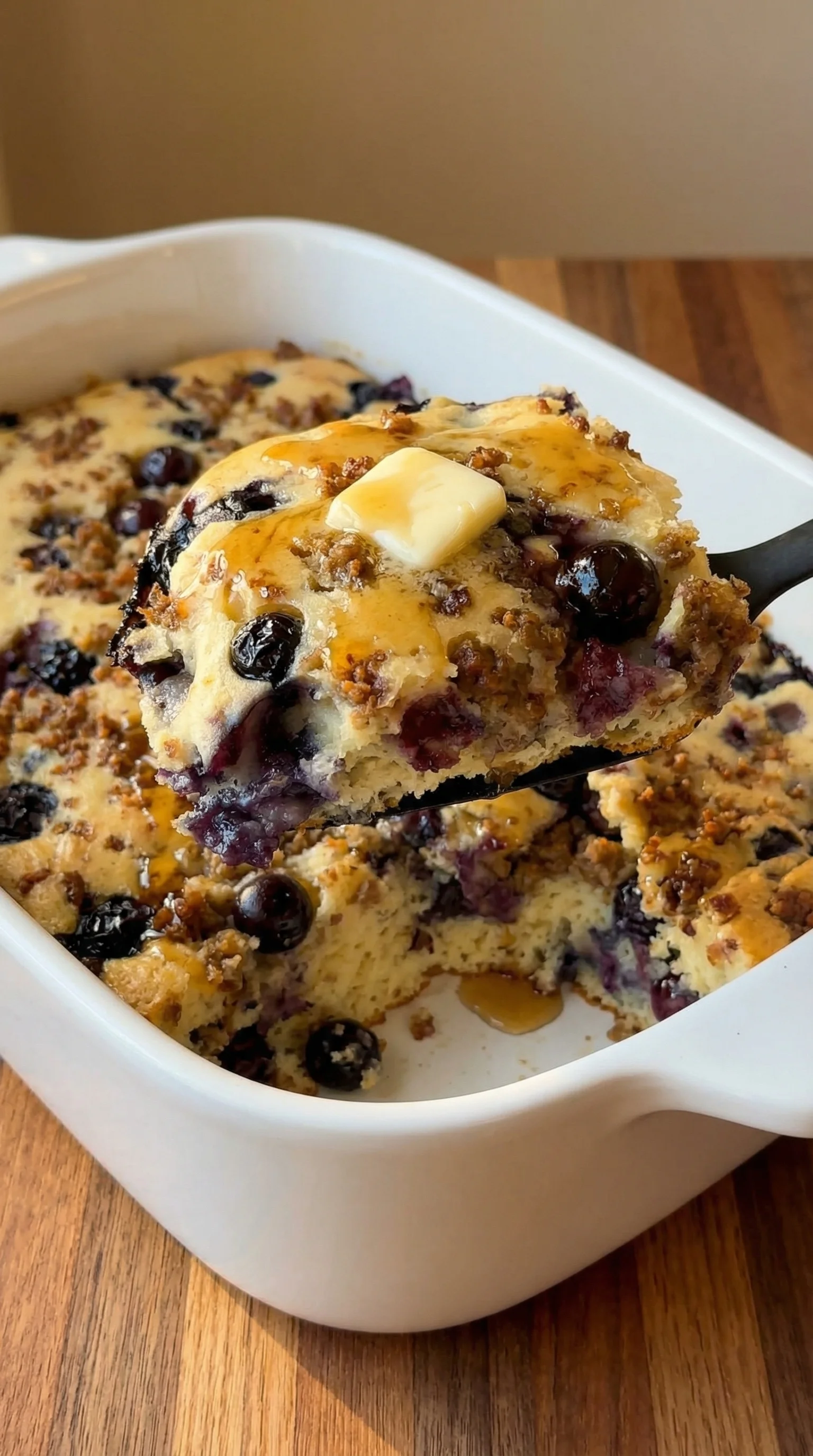 A slice of blueberry cake with butter on top.